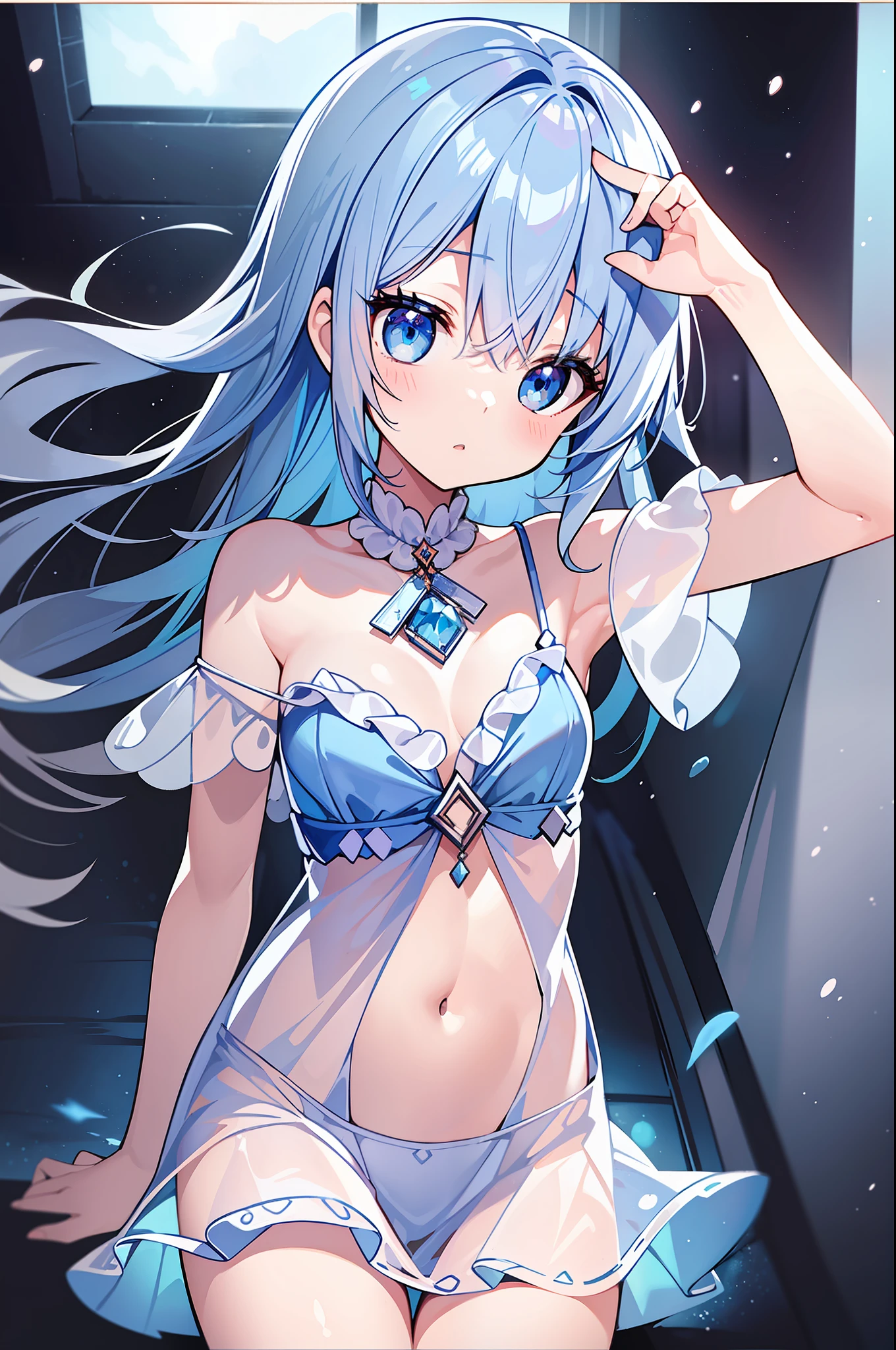 (MASTERPIECE), (Best Quality), (Super Detail), Official Art, One Girl, Lori with Pale Light Blue Hair, Petite , Loli, Blue Silver See-Through Dress, Sleeveless, Off Shoulder, Small, Very Small Breasts, Small, Cleavage, Thigh Focus, Navel Out, The Lower Half of the Chest Is Bare Skin, Card Illustration, Sacred Fountain