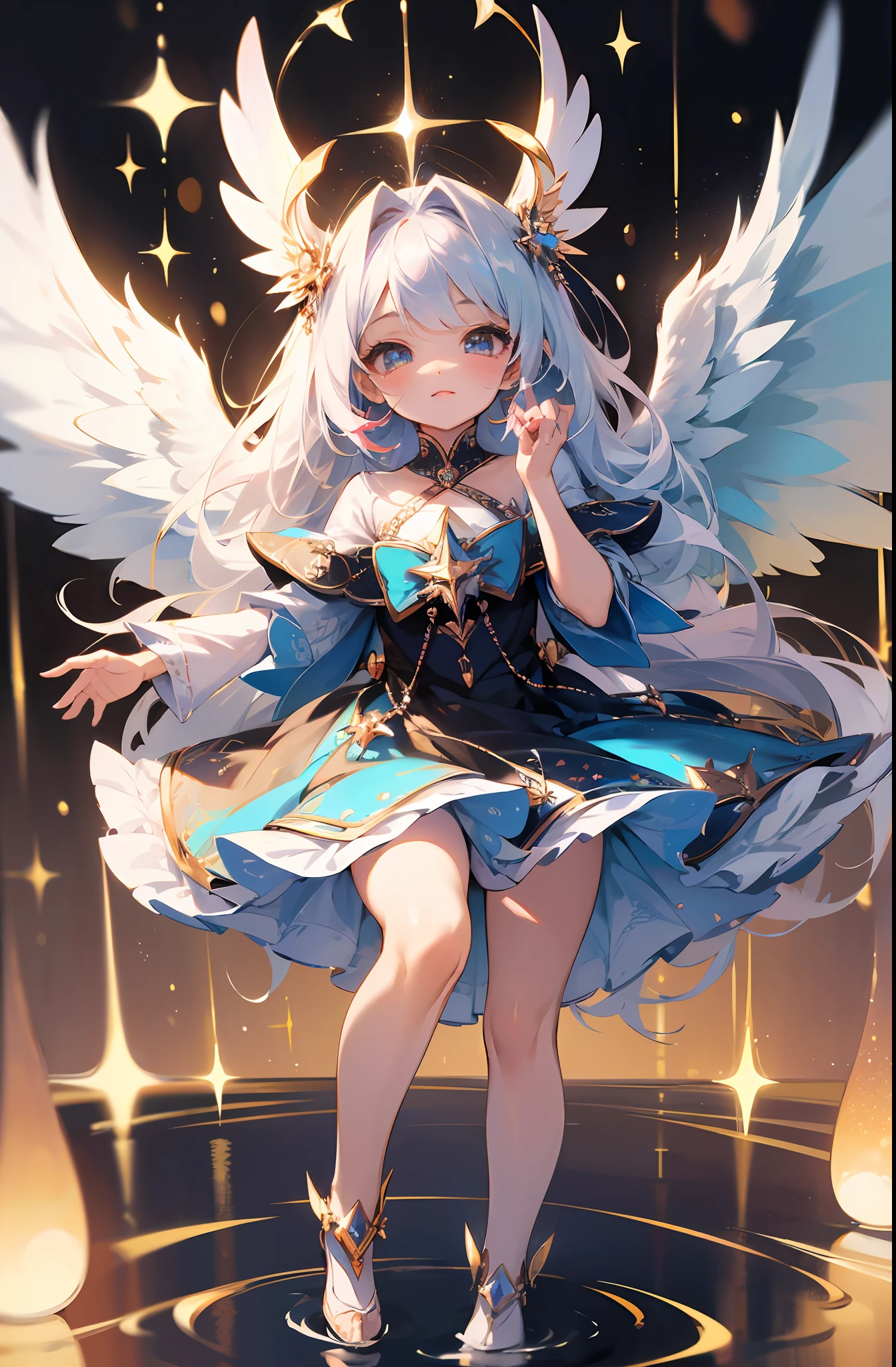 (Masterpiece: 1.4), (Best Quality: 1.4), (Chibi: 1.3), (Very Cute Angel Girl, Super Detailed Face, Jewel-like Eyes, White Very Long Hair, Colorful Gradient Hair: 1.4), (Angel Ring:
1.4), (Angel Wings: 1.4), (Full body, perfect 2 arms, perfect 2 legs: 1.4), Perfect 4 fingers: 1 thumb, light, shine, bokeh, super fine