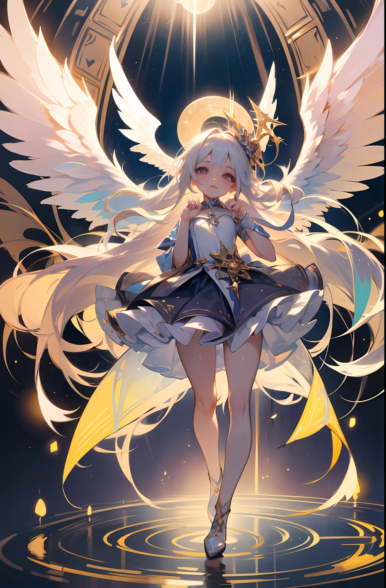 (Masterpiece: 1.4), (Best Quality: 1.4), (Chibi: 1.3), (Very Cute Angel Girl, Super Detailed Face, Jewel-like Eyes, White Very Long Hair, Colorful Gradient Hair: 1.4), (Angel Ring:
1.4), (Angel Wings: 1.4), (Full body, perfect 2 arms, perfect 2 legs: 1.4), Perfect 4 fingers: 1 thumb, light, shine, bokeh, super fine