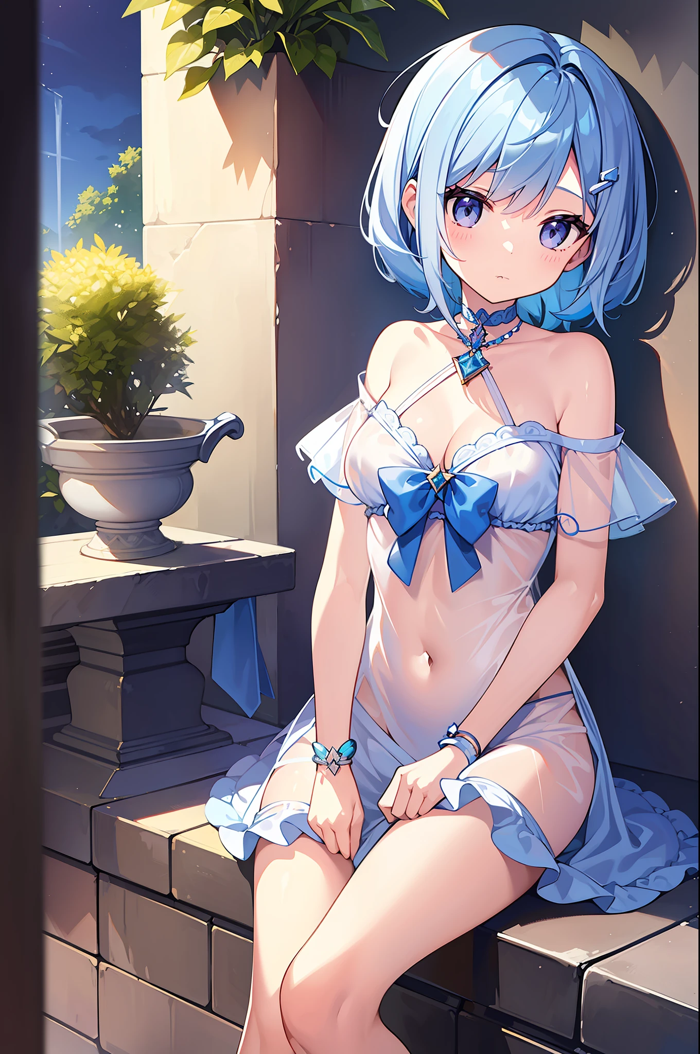 (MASTERPIECE), (Best Quality), (Super Detail), Official Art, One Girl, Lori with Pale Light Blue Hair, Petite Little Girl, Loli, Blue and Silver See-Through Dress, Sleeveless, Off Shoulder, Small, Very Small Breasts, Small, Cleavage, Thigh Focus, Navel Out, The Lower Half of the Chest Is Bare Skin, Card Illustration, Sacred Fountain