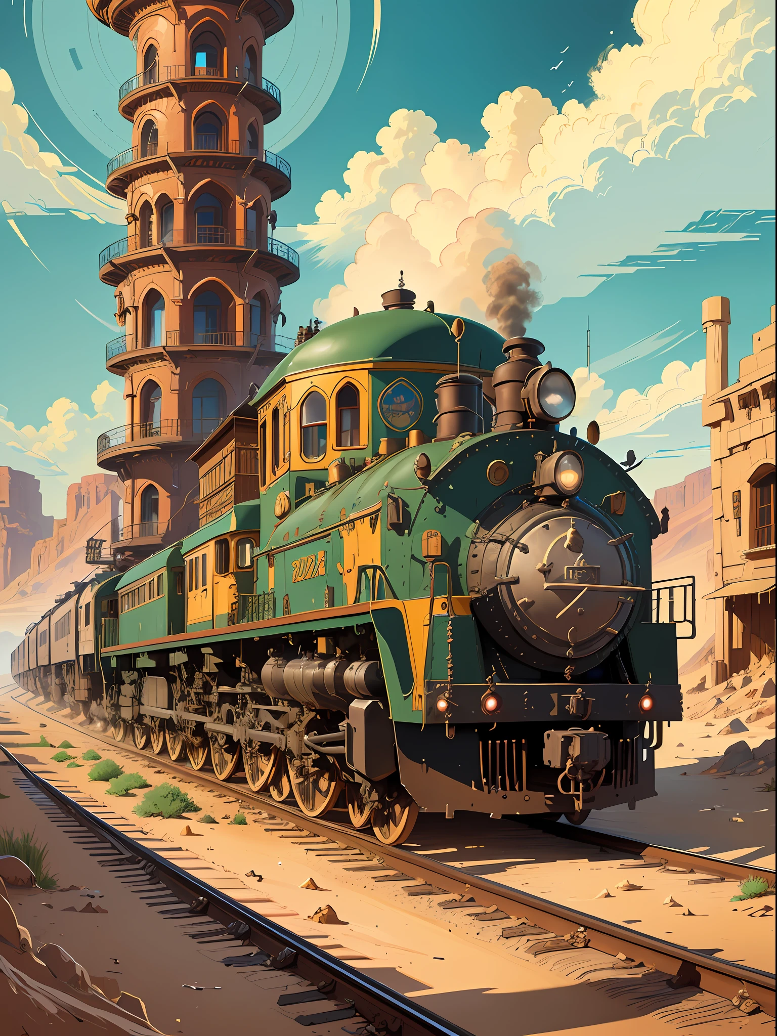 A painting of a train driving through a town in the desert, highly detailed illustration, concept art highly detailed, overly detailed art, multi-dimensional cozy tavern, detailed digital 2D fantasy art, highly detailed fantasy art, highly detailed and colorful, detailed game art illustration, fantastic Chinese town, highly detailed digital artwork, highly detailed 4K art, by Li Zai