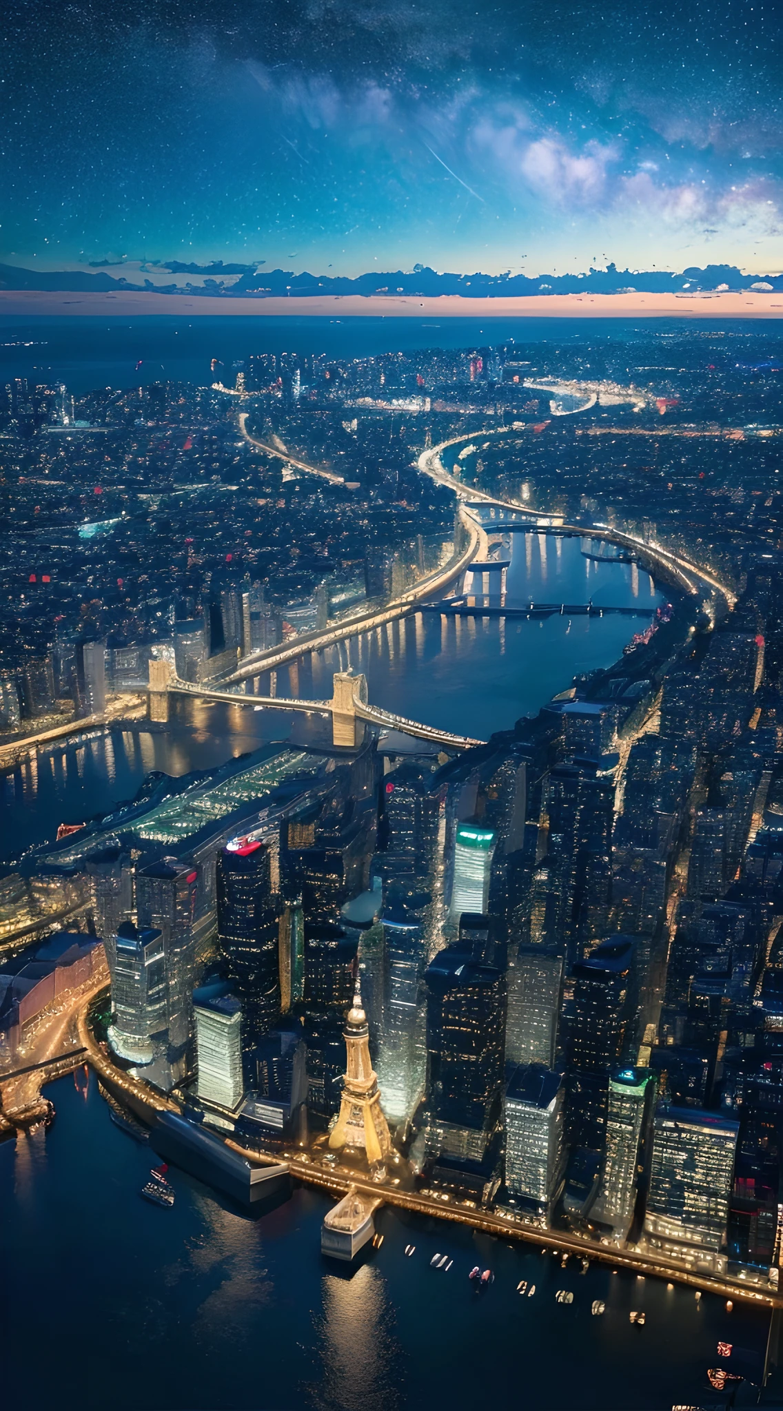 ((Top quality, 8k, masterpiece: 1.3)) night, city, water, starry sky