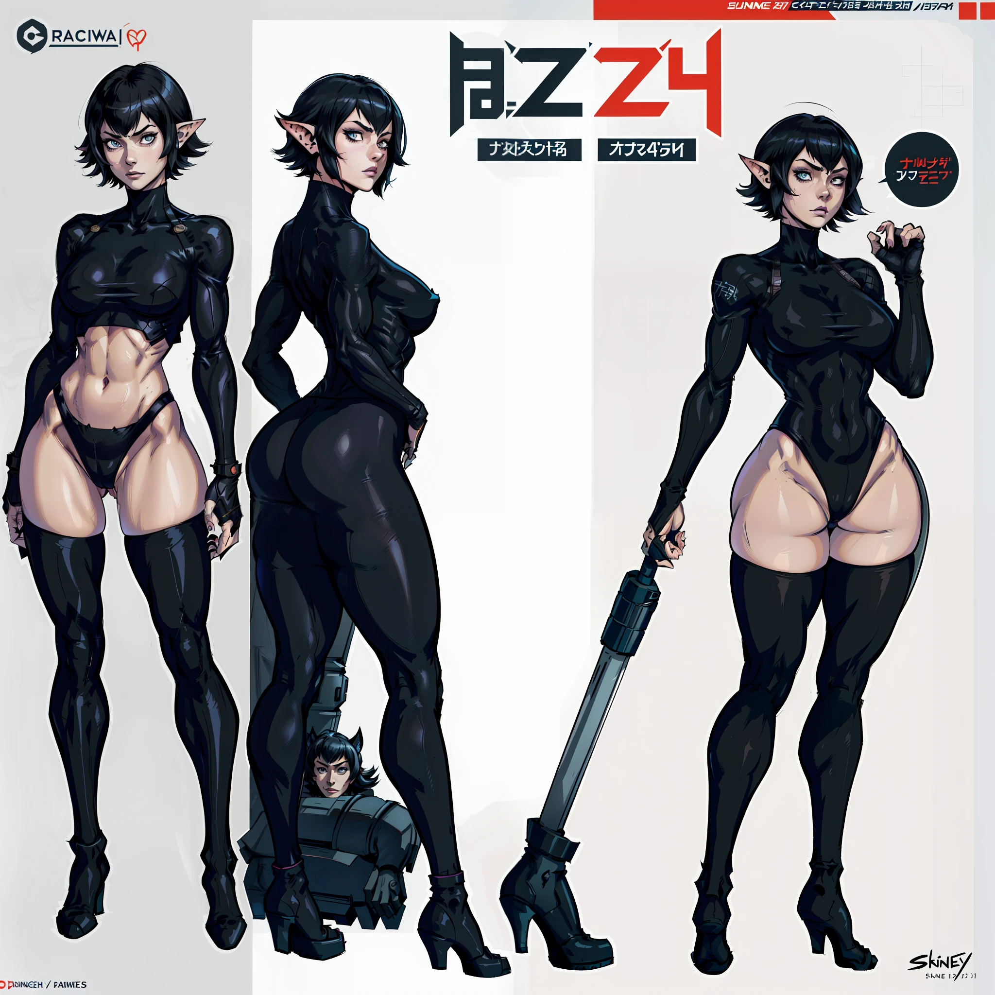 A closeup of a woman wearing uniform and some other poses, front side and back poses, cutesexyrobutts, black haired woman with short short bob cut, bright blue eyes, pale skin, vampire, pointed ears, muscular!, fit body, gynoid body, sweaty body, perfect body, fit body, abdomen, large breasts, chubby butt, prancing ass, bunched butt, full body concept art, detailed full body concept art, Cushart Krenz Key Women's Art, Masamune Shirow style, Yusuke Murata style, Ilya Kuvshinov, Oppai proportions, official character art, uniform, full body concept, (best quality, masterpiece) a cute chibi girl,