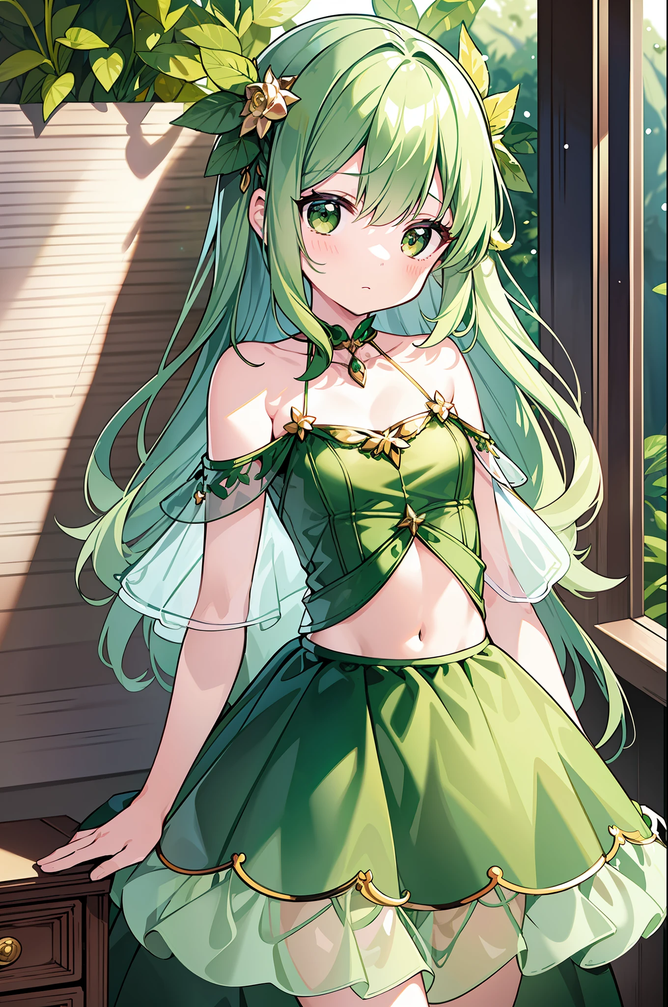 (MASTERPIECE), (Best Quality), (Super Detail), Official Art, One Girl, Lori with Pale Green Hair, Petite Girl, Loli, Green and Gold and Silver See-Through Dress, Sleeveless, Off Shoulder, Small, Very Small, Small, Cleavage, Thigh Focus, Navel Out, Bare Skin in the Lower Half of the Chest, Card Illustration, Deep Forest