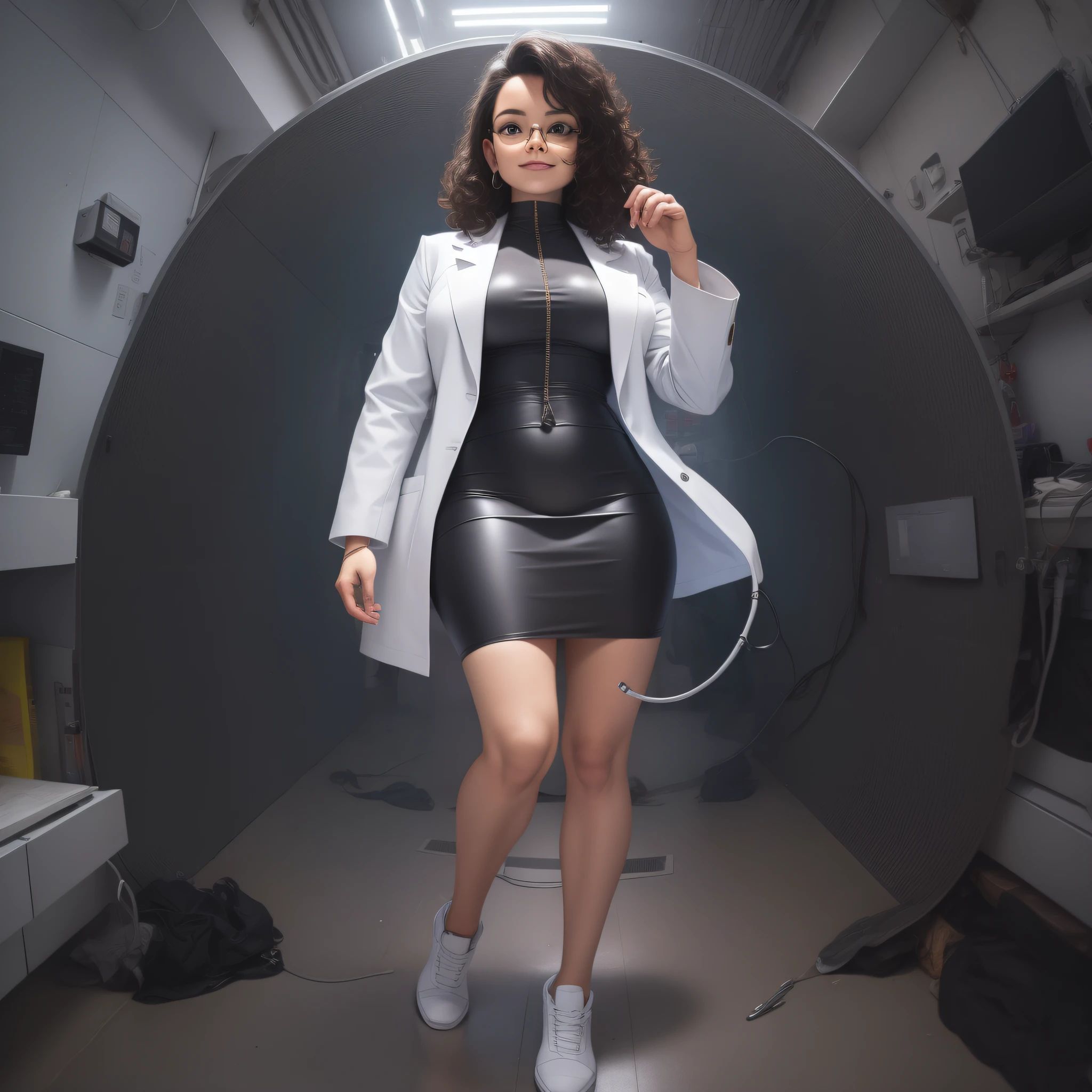 Futuristic doctor, full body, white skirt, white coat, short black wavy hair, wire-framed glasses, simple background