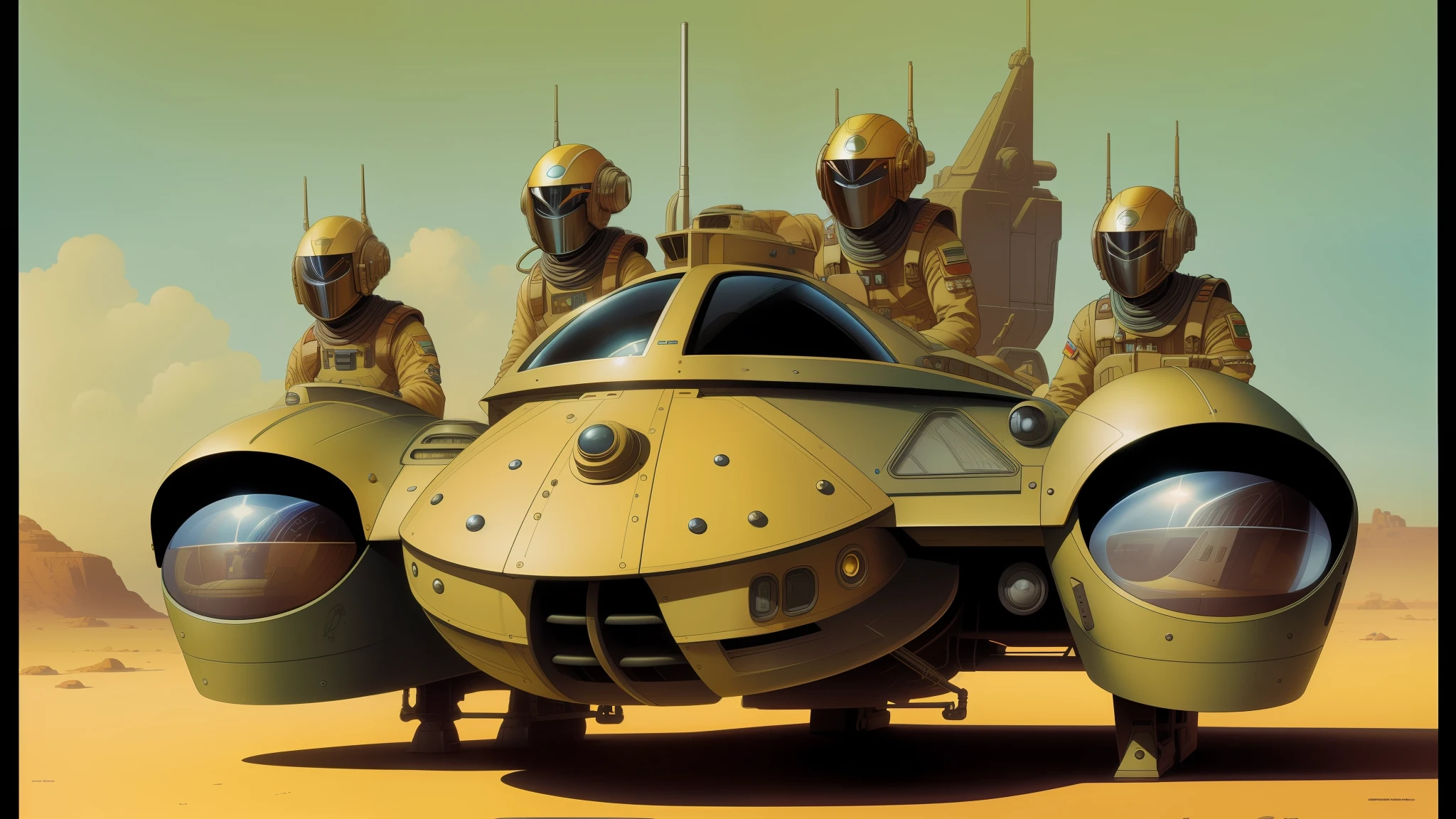 there are four men in a space ship with helmets on, inspired by Les Edwards, trending on vehicle design, widescreen ratio, moebius illustration art, speeder, travis charest, big computer, golden color scheme, diesel punk female