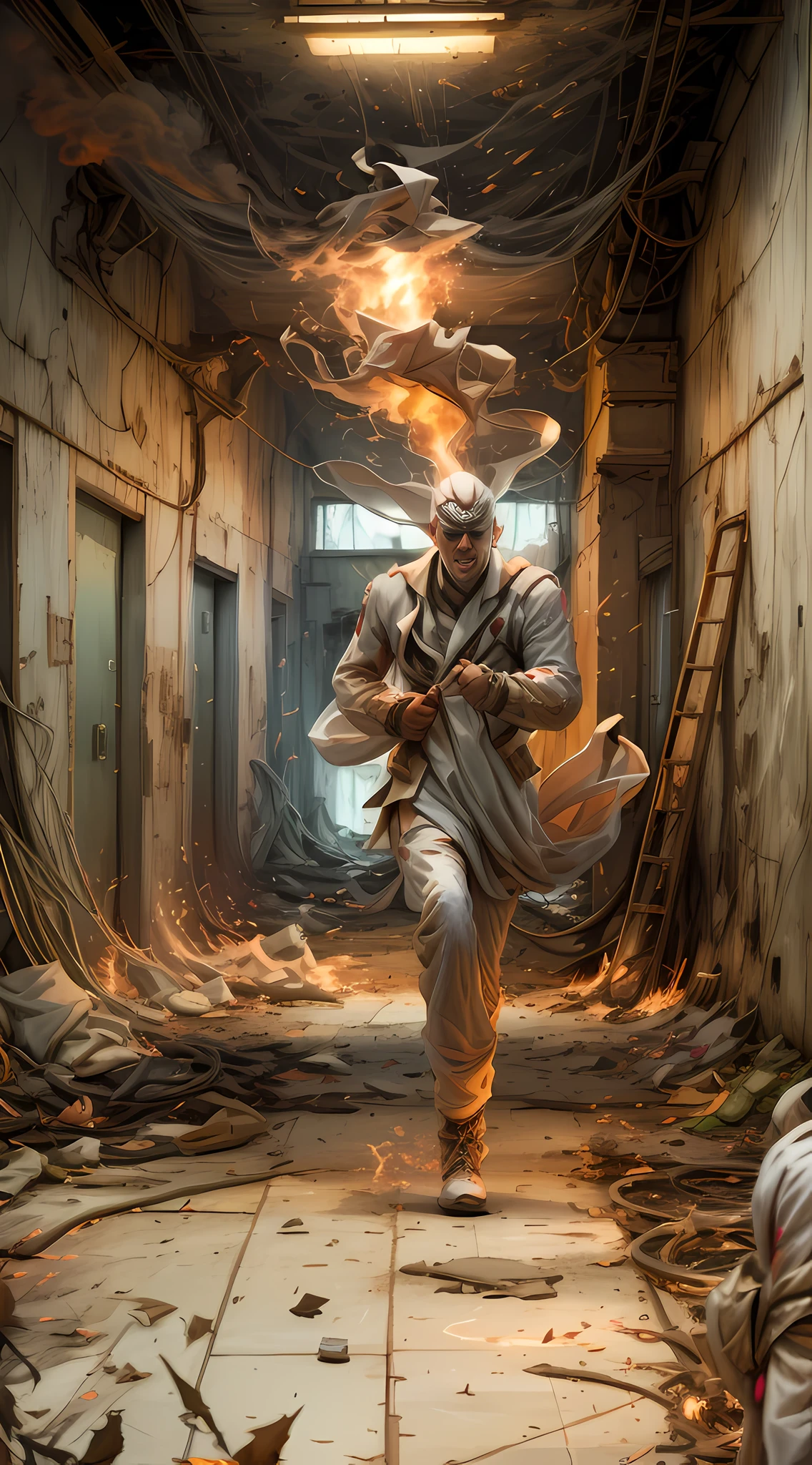 people wearing straitjacket (perfect body, face) running from an abandoned psychiatric hospital,( on fire) (wearing white straitjacket), movie set, catching fire