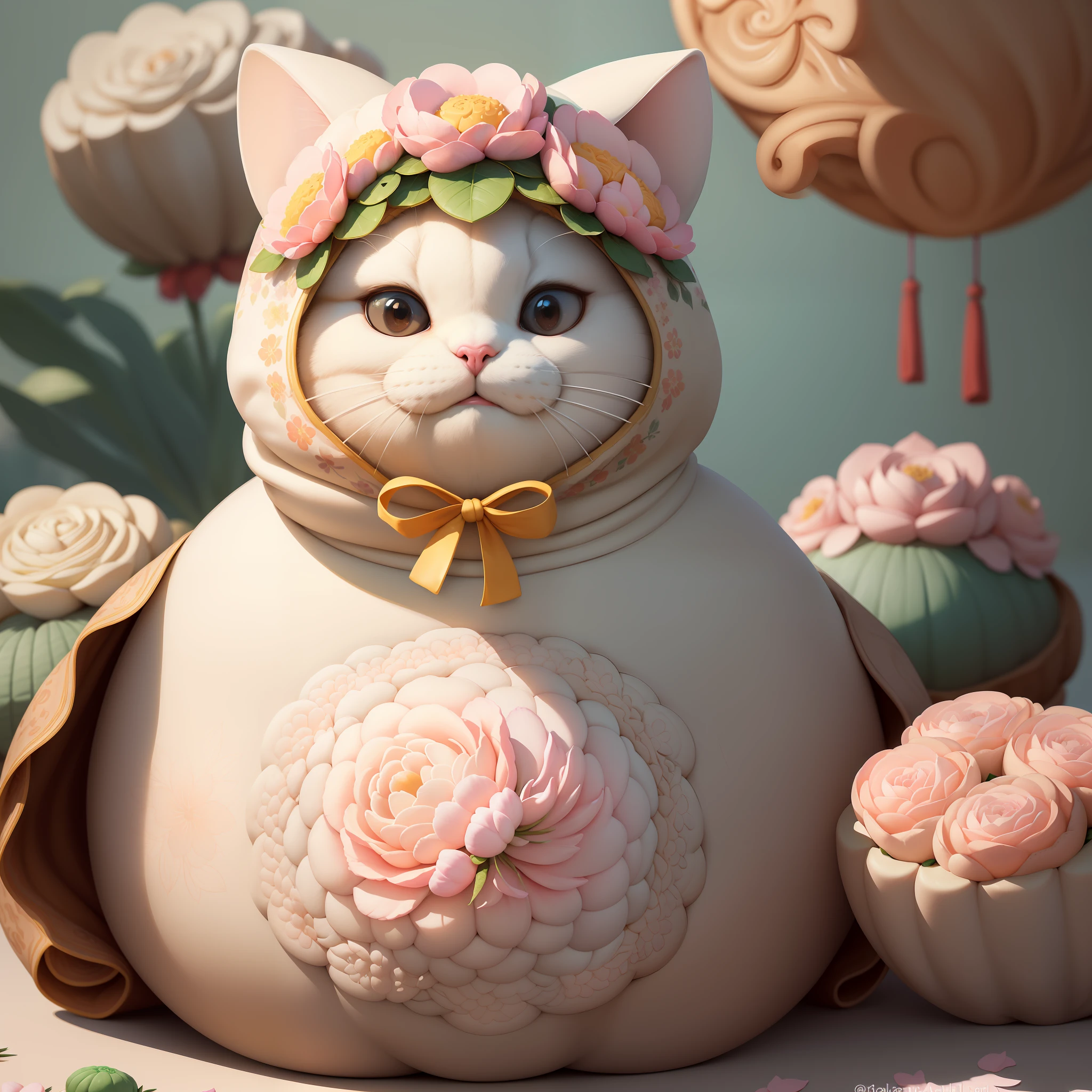 (masterpiece),(best quality),(ultra-detailed), digital painting, illustration, ((portrait)), pastel colours, bloom,
(no humans), (simple background:1.4), (clean background:1.4), (blurry background:1.3),
A (fat white cat) wearing a (A balaclava filled with flowers:1.5) and (holding a huge Chinese mooncake:1.3), (grin:1.2),