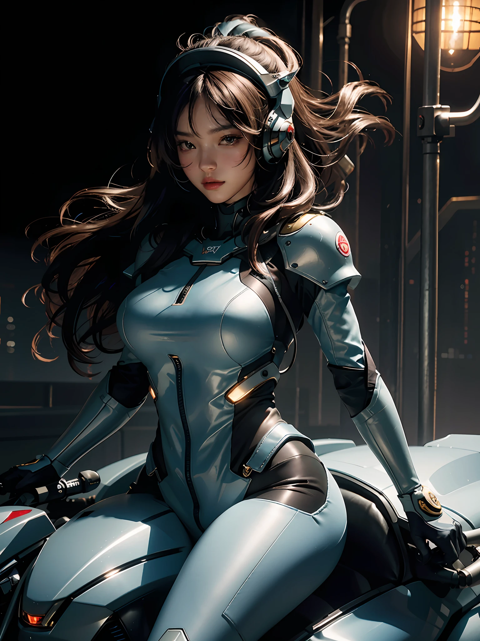 Highest image quality, outstanding details, ultra-high resolution, (realism: 1.4), the best illustration, favor details, highly condensed 1girl, with a delicate and beautiful face, plump breasts, sexy body, dressed in a gorgeous mecha, wearing a mecha helmet, holding a directional controller, riding on a motorcycle, the background is the high-tech lighting scene of the future city.