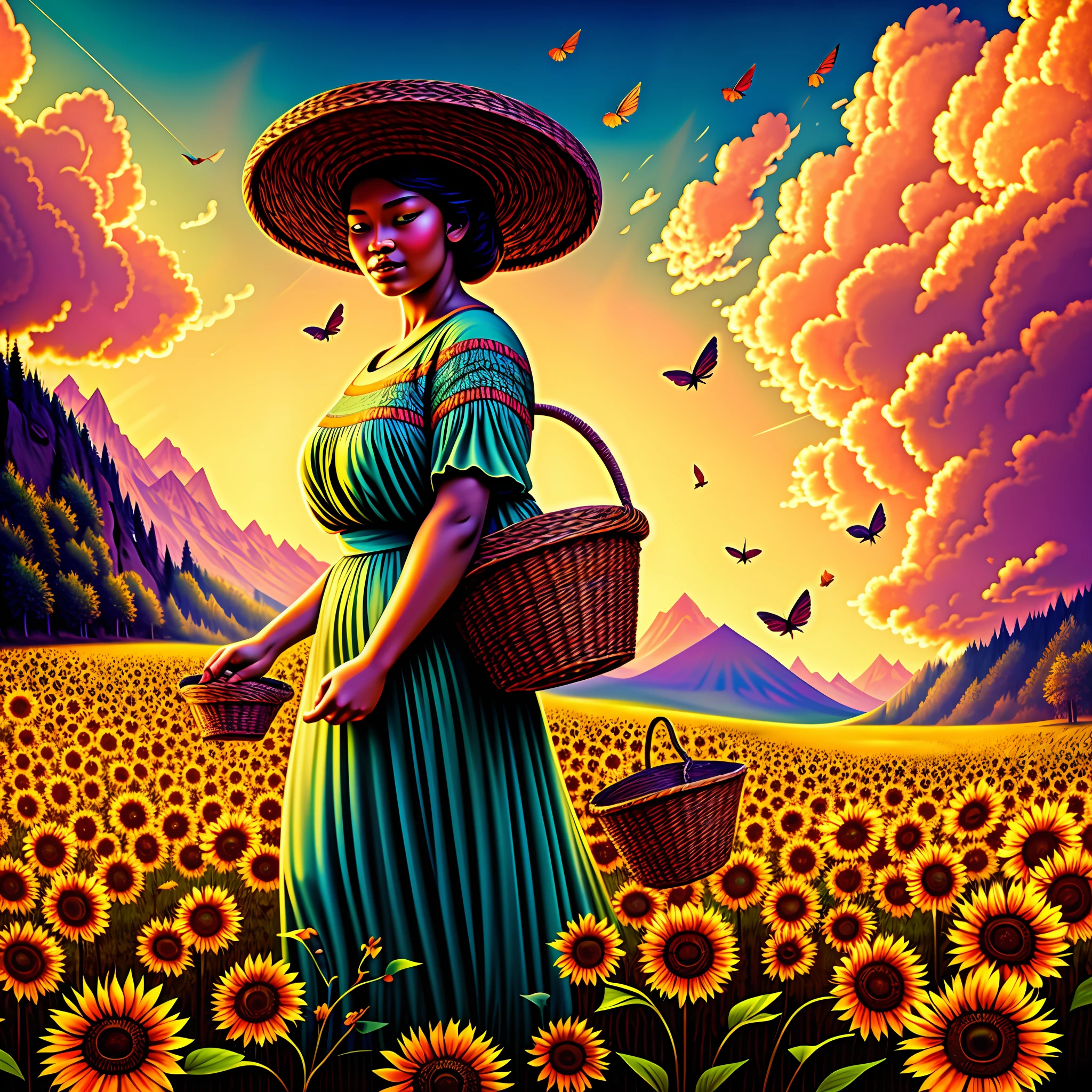 wide angle graffiti of a peasant woman holding a basket from which (thousands of sunflowers) flying and falling from the sky, (swirl of sunflowers) emerging from a peasant woman's basket, grotesque, ful body shot, cinematic lighting, high resolution, insane details, intricate details, hyperdetailed intricately detailed ultra realistic art trending on Artstation triadic colors Unreal Engine 5 detailed matte painting, deep color, fantastical, intricate detail, splash screen, complementary colors, fantasy concept art, 8k resolution, ultra realistic deviantart masterpiece, (dark shot:0.9), soft cinematic light, adobe lightroom, photolab, hdr, intricate, highly detailed, eonn2, mdjrny-grfft, dmmid style