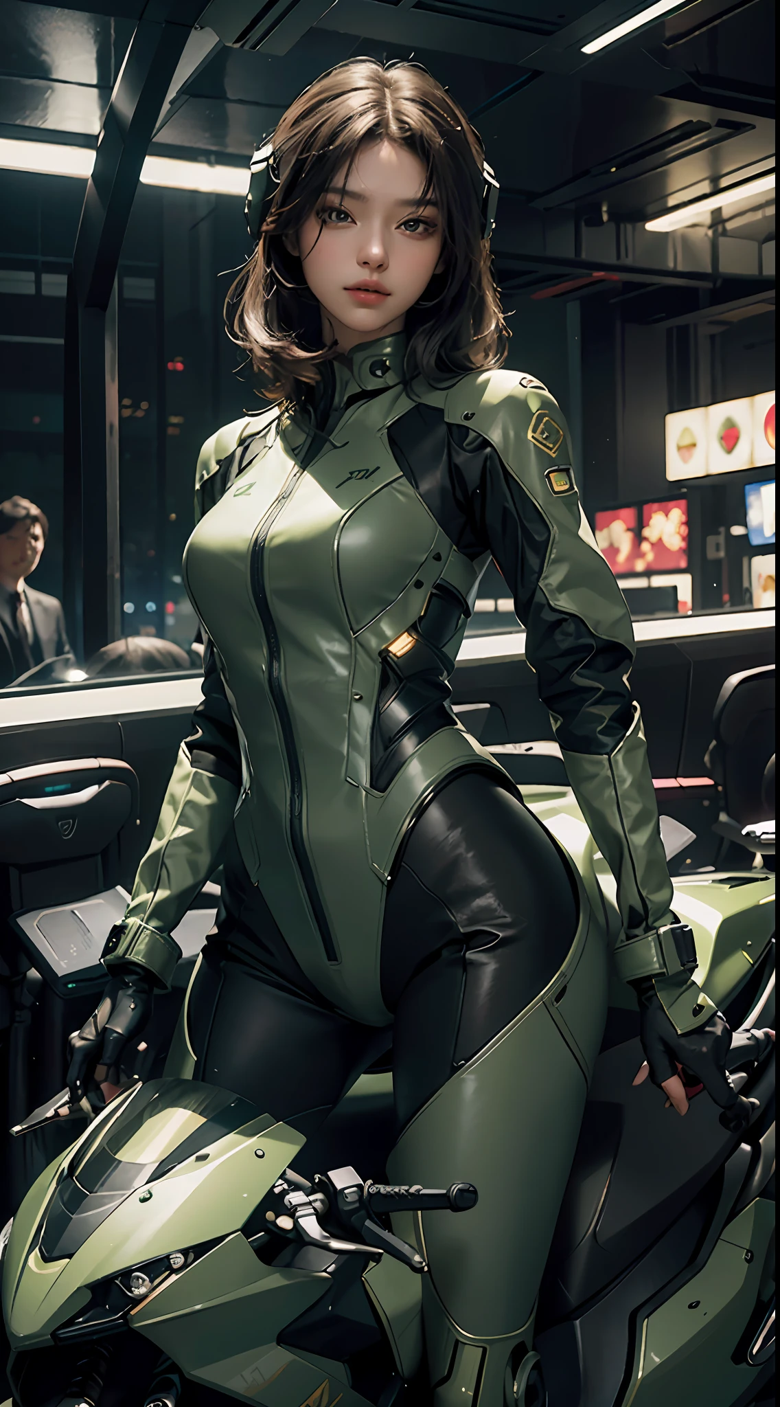 ((Best Quality)), ((Masterpiece)), (Detail: 1.4), Ultra High Resolution, (Realisticity: 1.4), Best Illustration, Favor Details, Highly Cohesive 1Girl, with a delicate and beautiful face, dressed in a black-green mech, wearing a mecha helmet, holding a direction controller, riding on a motorcycle, with a high-tech lighting scene of the futuristic city in the background.