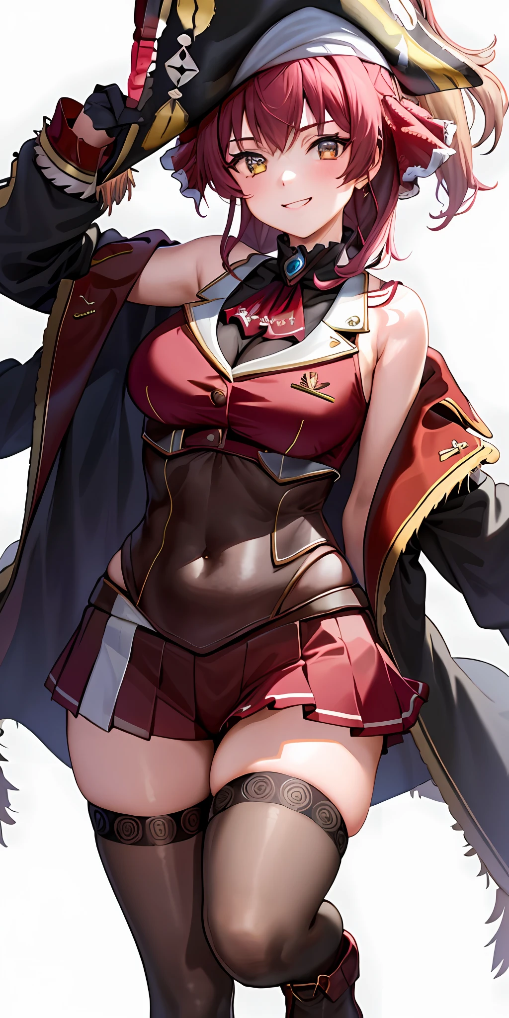 1girl, solo, Houshou Marine, leotard, red sleveless jacket, off shoulder coat, pirate hat, busty, smiling, thighs, red miniskirt, black thighhighs