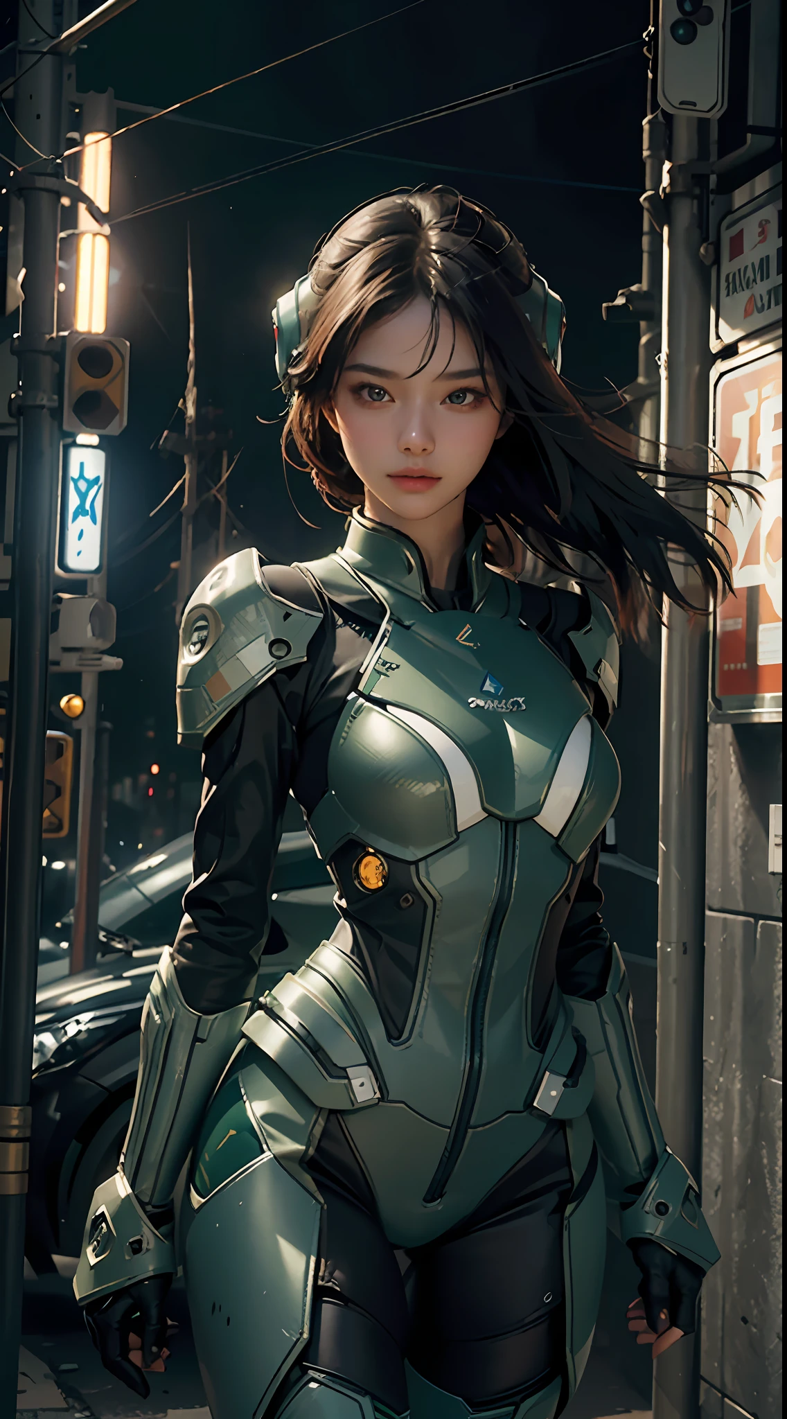 ((Best Quality)), ((Masterpiece)), (Detail: 1.4), Ultra High Resolution, (Realisticity: 1.4), Best Illustration, Favor Details, Highly Cohesive 1girl, with a delicate and beautiful face, wearing a green mech, wearing a mecha helmet, holding a directional controller, riding on a motorcycle, the background is a high-tech lighting scene of the future city.