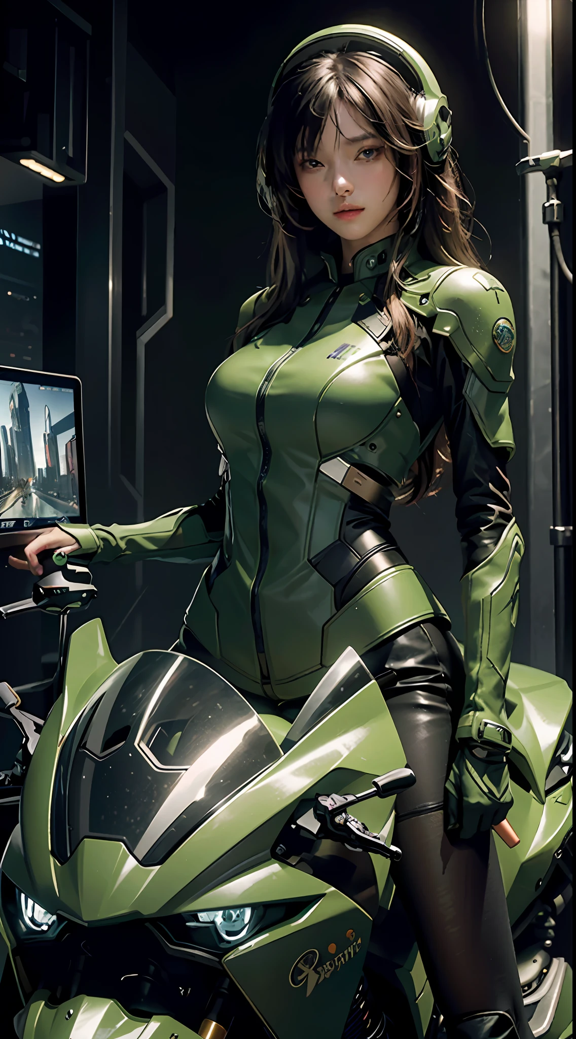 ((Best Quality)), ((Masterpiece)), (Detail: 1.4), Ultra High Resolution, (Realisticity: 1.4), Best Illustration, Favor Details, Highly Cohesive 1girl, with a delicate and beautiful face, wearing a green mech, wearing a mecha helmet, holding a directional controller, riding on a motorcycle, the background is a high-tech lighting scene of the future city.