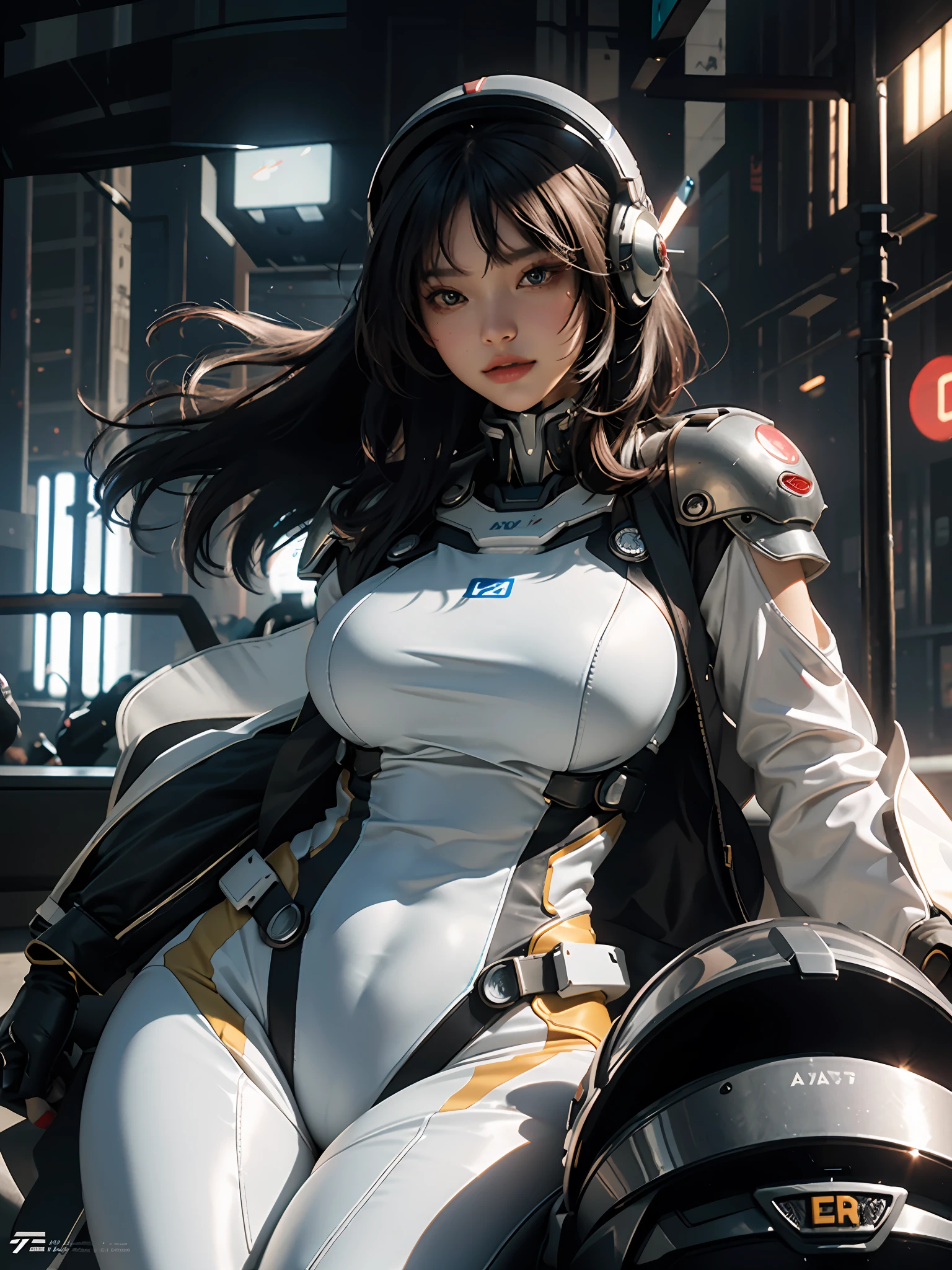 Highest image quality, outstanding details, ultra-high resolution, (realism: 1.4), the best illustration, favor details, highly condensed 1girl, with a delicate and beautiful face, plump breasts, sexy body, dressed in a gorgeous mecha, wearing a mecha helmet, holding a directional controller, riding on a motorcycle, the background is the high-tech lighting scene of the future city.