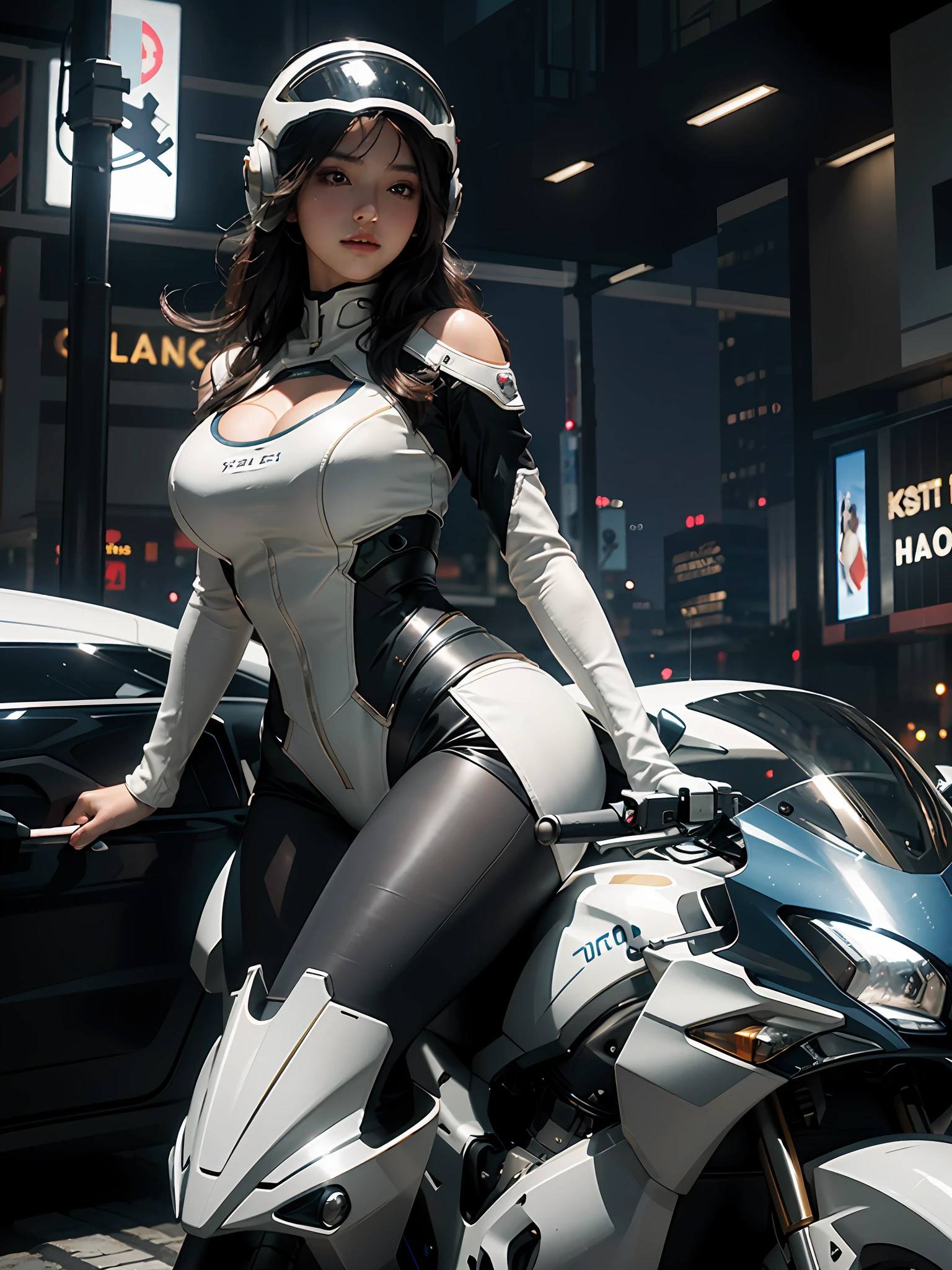 Highest image quality, outstanding details, ultra-high resolution, (realism: 1.4), the best illustration, favor details, highly condensed 1girl, with a delicate and beautiful face, plump breasts, sexy body, dressed in a gorgeous mecha, wearing a mecha helmet, holding a directional controller, riding on a motorcycle, the background is the high-tech lighting scene of the future city.