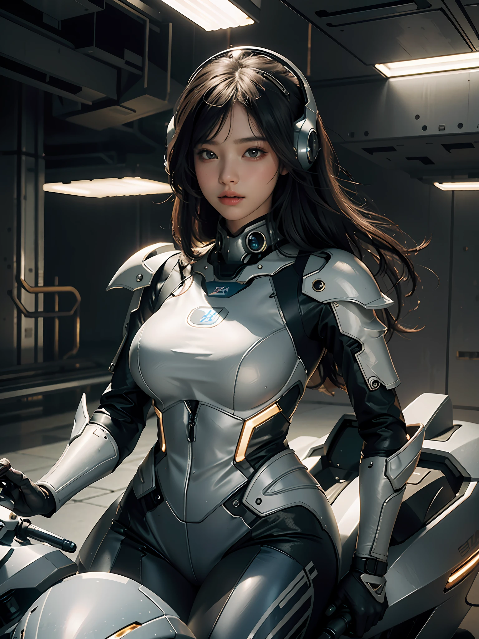 Highest image quality, outstanding details, ultra-high resolution, (realism: 1.4), the best illustration, favor details, highly condensed 1girl, with a delicate and beautiful face, plump breasts, sexy body, dressed in a gorgeous mecha, wearing a mecha helmet, holding a directional controller, riding on a motorcycle, the background is the high-tech lighting scene of the future city.