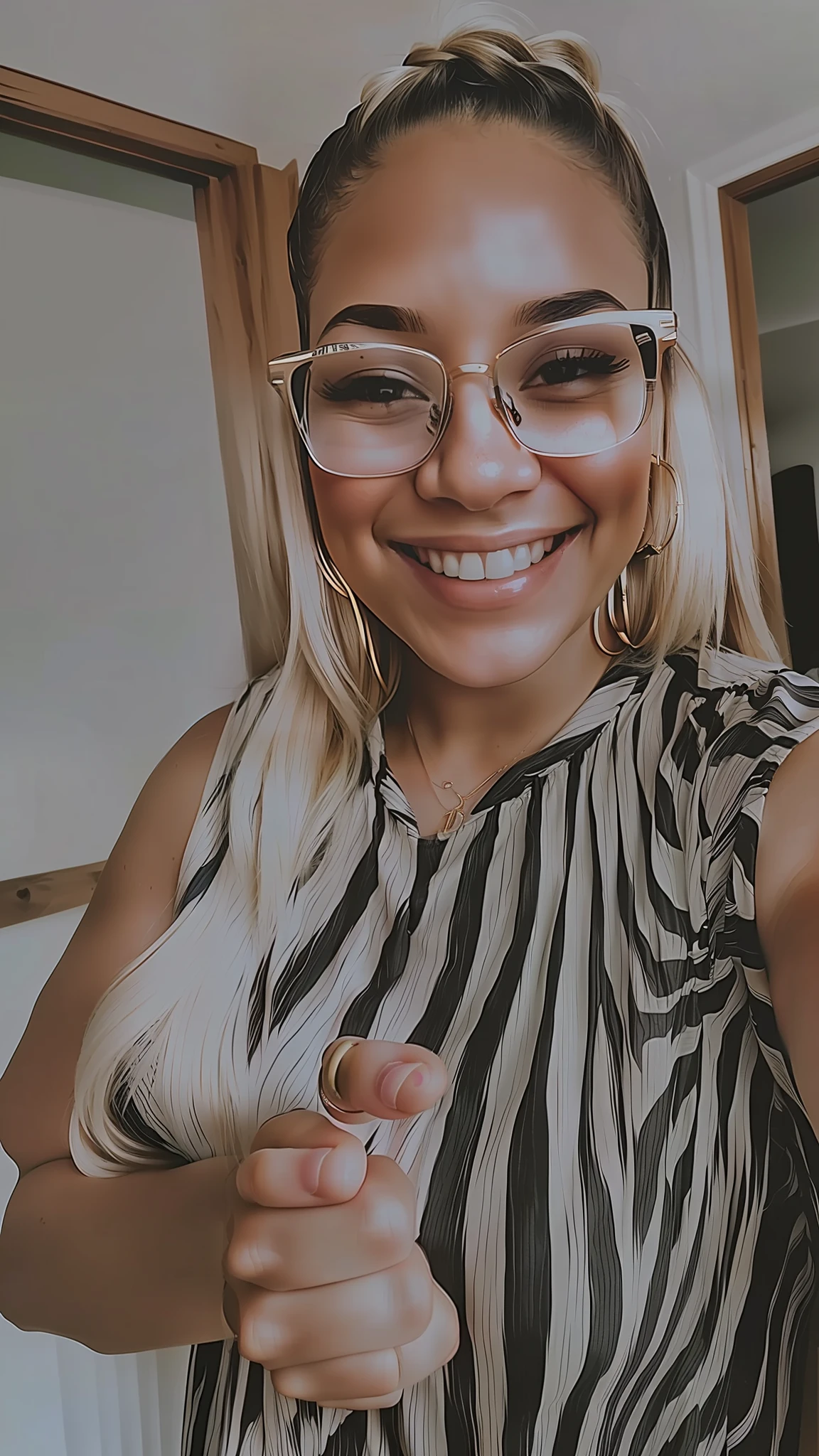 smiling woman with glasses and a zebra print dress giving a thumbs up, very very low quality picture, with a beautifull smile, !!wearing modern glasses!!, with glasses, taken in the early 2020s, low quality photo, selfie of a young woman, with glasses on, with a happy expression, low quality photograph, slight nerdy smile, lovely smile