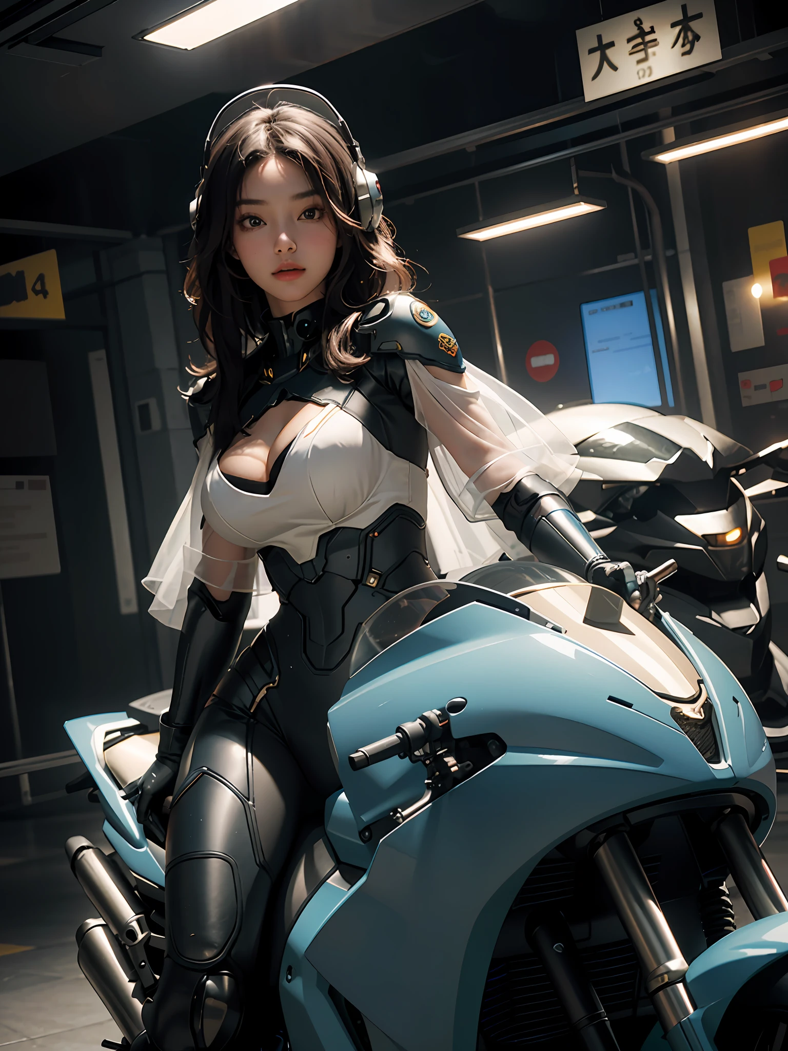 Highest image quality, outstanding details, super high resolution, (fidelity: 1.4), the best illustration, favor details, highly cohesive, 1girl, with a delicate and beautiful face, plump chest, sexy body, dressed in a gorgeous mecha, wearing a mecha helmet, holding a direction controller, riding on a motorcycle, the background is a high-tech lighting scene of the future city.