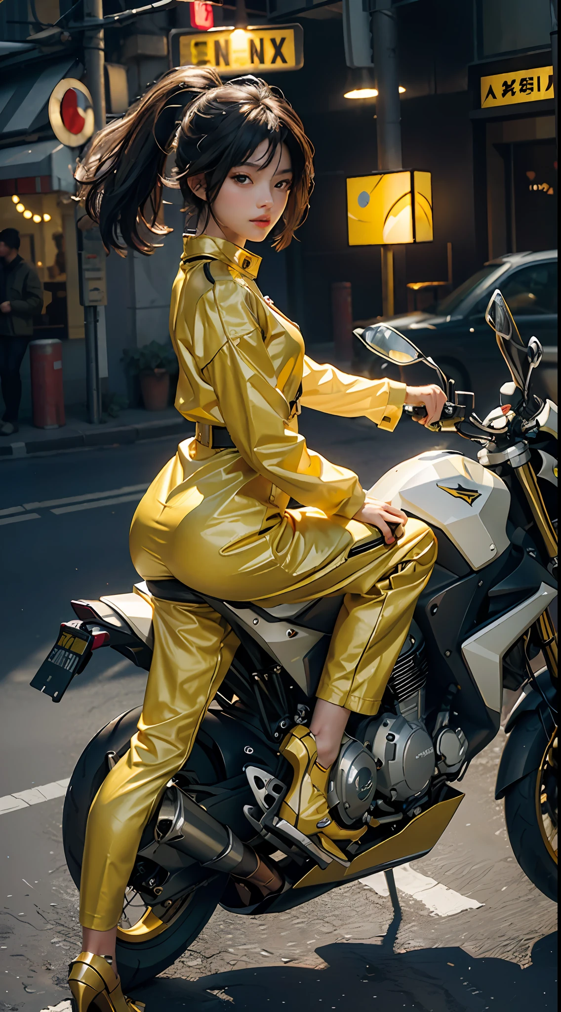 ((Best Quality)), ((Masterpiece)), (Detail: 1.4), Ultra High Resolution, (Realisticity: 1.4), Best Illustration, Favor Details, Highly Cohesive 1girl, with a delicate and beautiful face, wearing a yellow mecha, wearing a mecha helmet, holding a direction controller, riding on a motorcycle, the background is a high-tech lighting scene of the futuristic city.