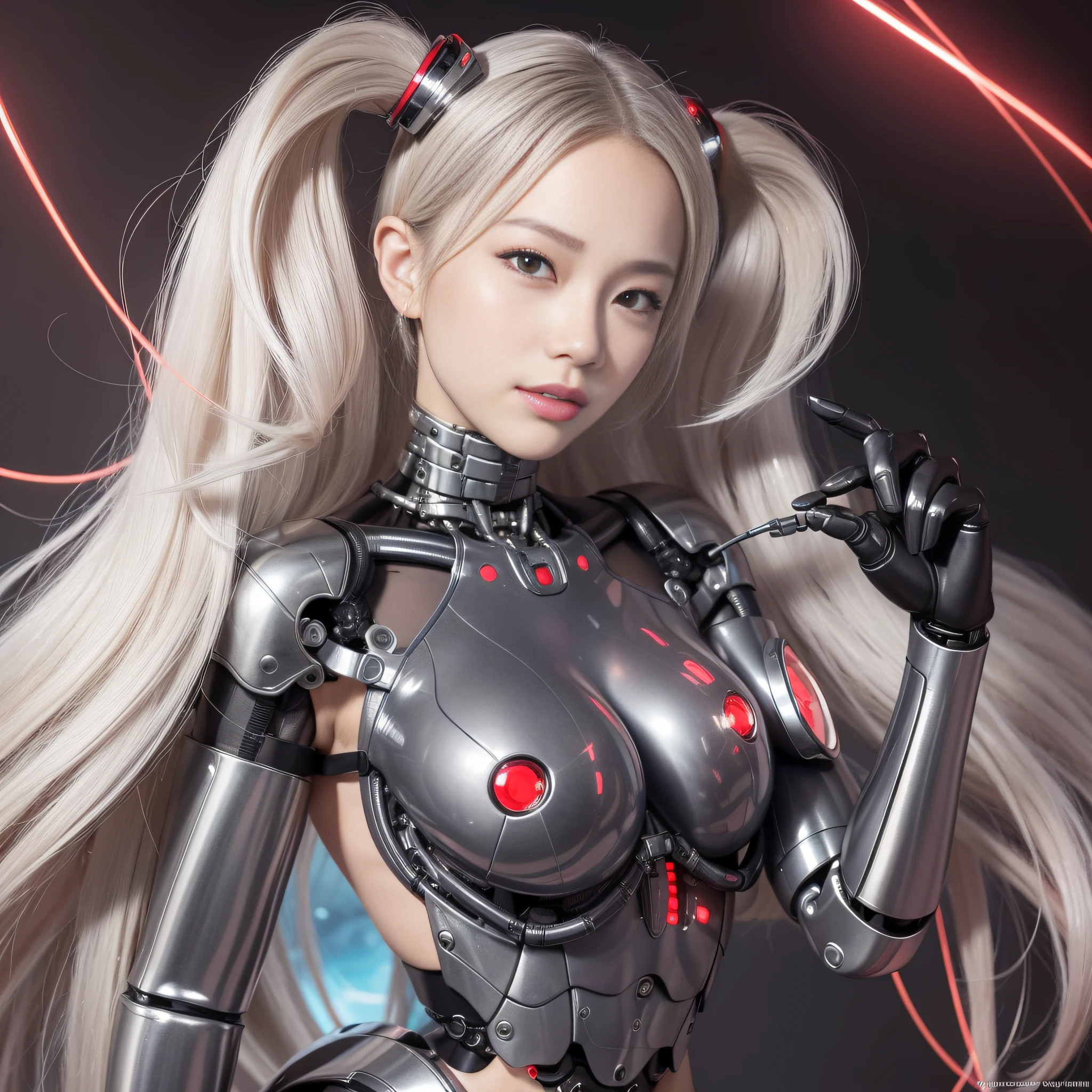 Beautiful Face,face is Japan, 1 Woman, Big, Curvaceous, (16k, RAW photo, top quality, masterpiece: 1.2), (HDR, Realistic, Photorealistic: 1.37) (tube attached to the body), (Bikini Cyborg robot parts)))), (light gray hair), Long hair, Wavy hair, Twin tails, Medium shot, ( Seductive smile)), (black eyes), princess cut,from below,(whole body),posing,,in the lab,( tube connected to blood vessel),((mechanical vertebrae attached to the back)),((mechanical neck attached to the neck)),(wire cable attached to the head and body),(character focus),science fiction,perfect female figure,perfect anatomy,ultraanatomy, Full body shot, up to 4 fingers and 1 thumb relationship,