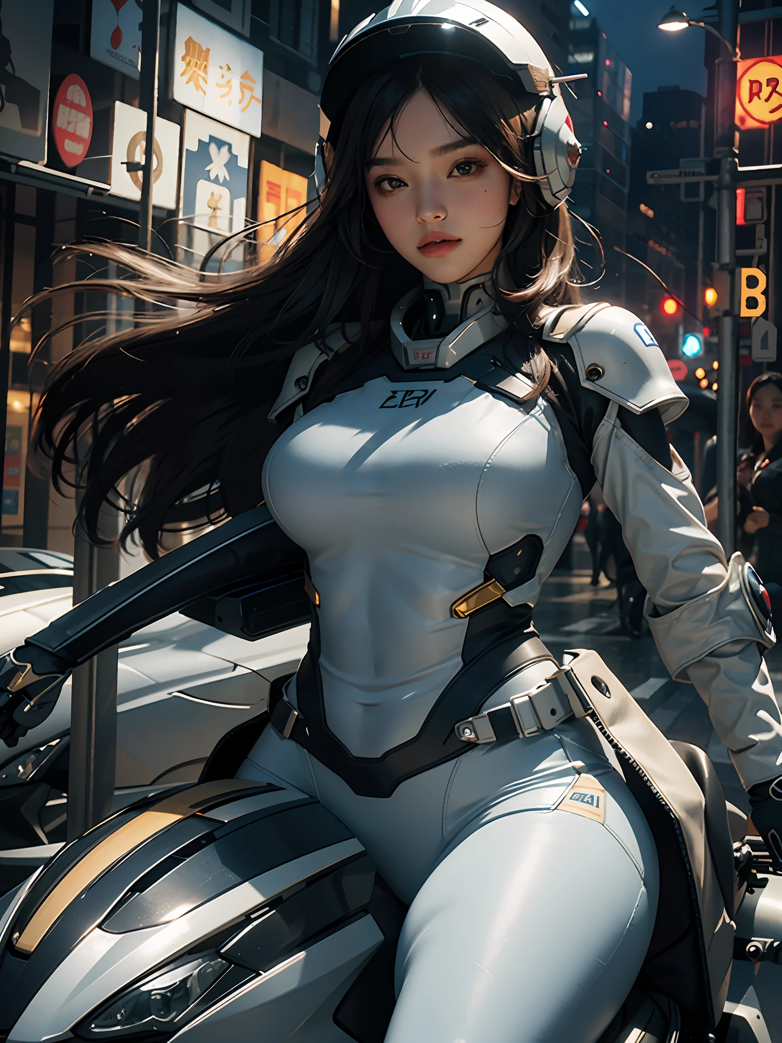 Highest image quality, outstanding details, ultra-high resolution, (realism: 1.4), the best illustration, favor details, highly condensed 1girl, with a delicate and beautiful face, plump breasts, sexy body, dressed in a gorgeous mecha, wearing a mecha helmet, holding a directional controller, riding on a motorcycle, the background is the high-tech lighting scene of the future city.