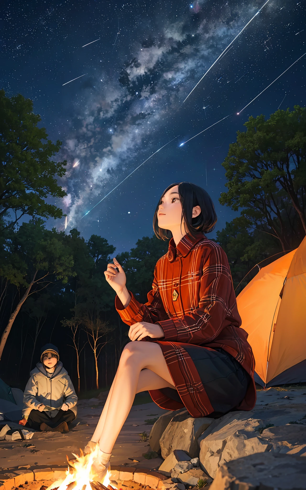 (beautiful woman:1.4) sitting watching (Orionids meteor shower), Orionids meteor shower, beautiful, woman, soil, (camp), campfire, looking at the Orionids meteor shower, behind, underneath, outdoors