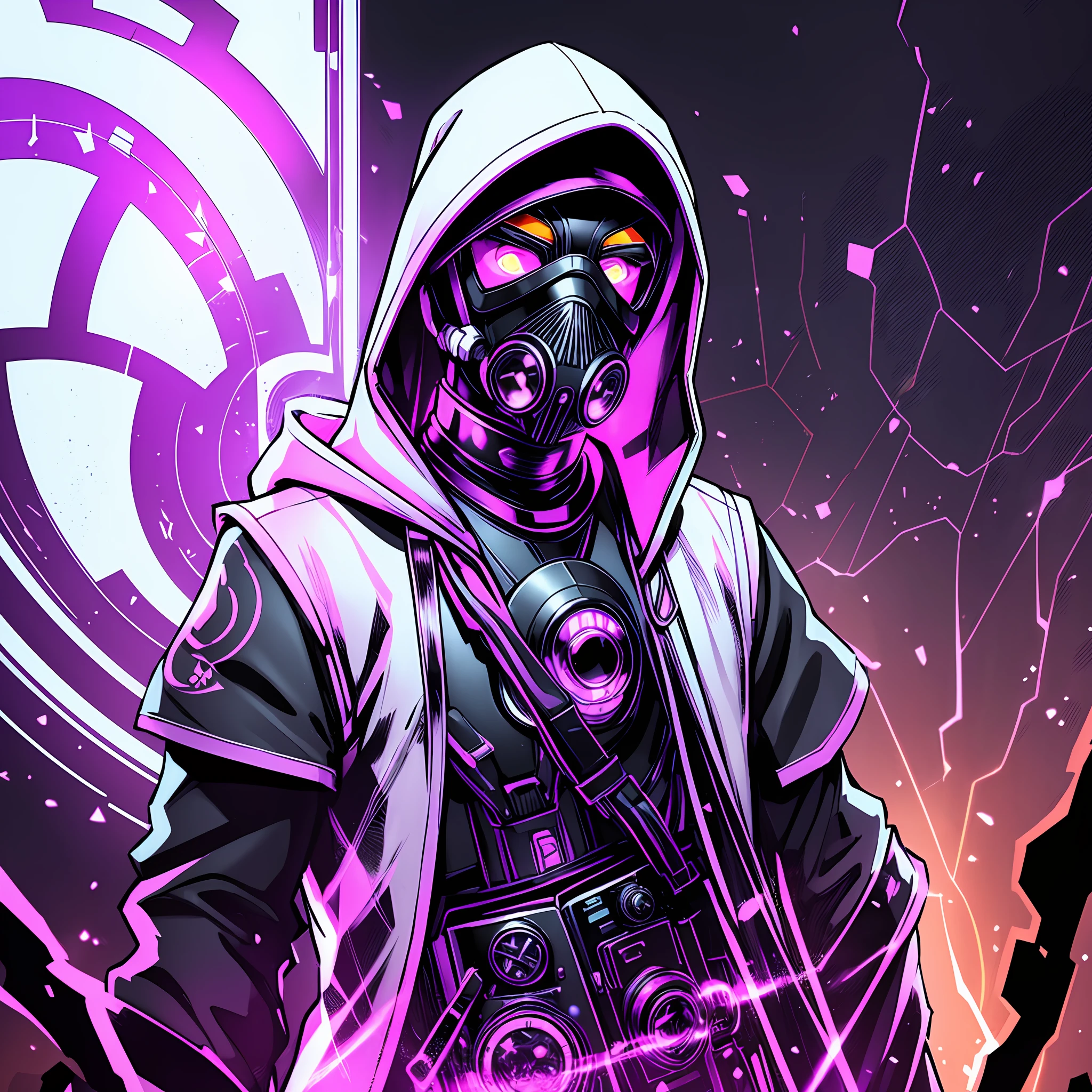 A man with gas mask with neon lights, looking at an unknown shiny object with engraving patterns, the object is black with grooves and engravings that reveal a white and shiny content, white hood, gas mask, gas mask orange lights, X-shaped eyes, X-shaped eyes glowing orange, black gloves, white hood, bloodstained clothes, white clothes with blood, white coat, white vest, purple backdrop, purple background, purple walls --auto --s2