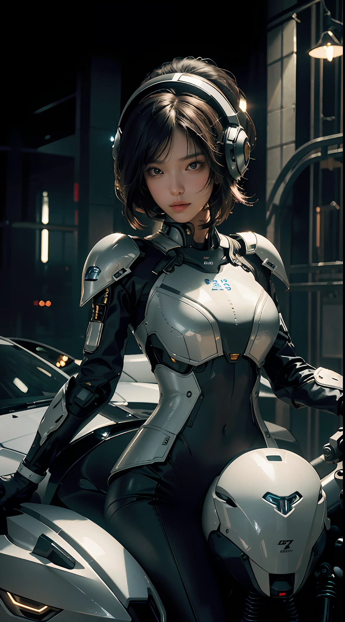 ((Best Quality)), ((Masterpiece)), (Detail: 1.4), Ultra High Resolution, (Realisticity: 1.4), Best Illustration, Favor Details, Highly Cohesive 1girl, with a delicate and beautiful face, dressed in a black mecha, wearing a mecha helmet, holding a direction controller, riding on a motorcycle, the background is a high-tech lighting scene of the future city.