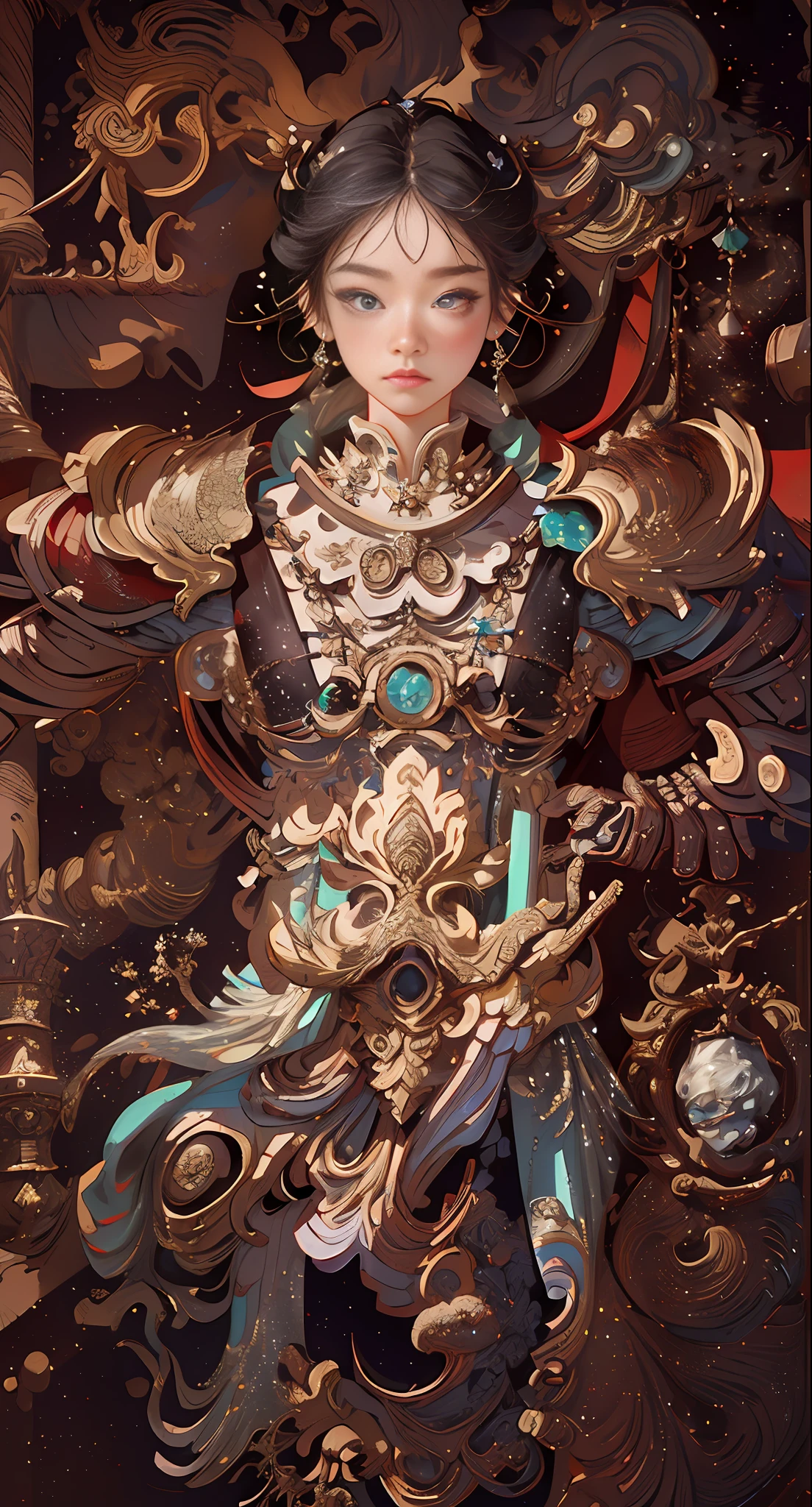 (Best Quality, Masterpiece), 1 Girl, Pose, Mulan, Ancient Armor, Particles, Wind, Flower, Upper Body, Simple Background, Look at the Audience, Blonde, Milky Way, (Backlight: 0.5), Edge Light, (Sheer Dress: 1.5)