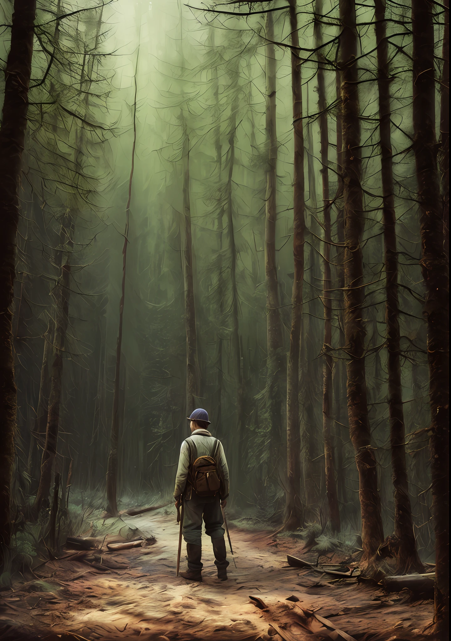 Young woodcutter in the dark forest, sad, realistic epic, photo, faded, complex things around, intricate background, soaked, neutral colors, (((((hdr)))), ((((soft colors)))), intricate scene, artistic station, intricate details, vignette