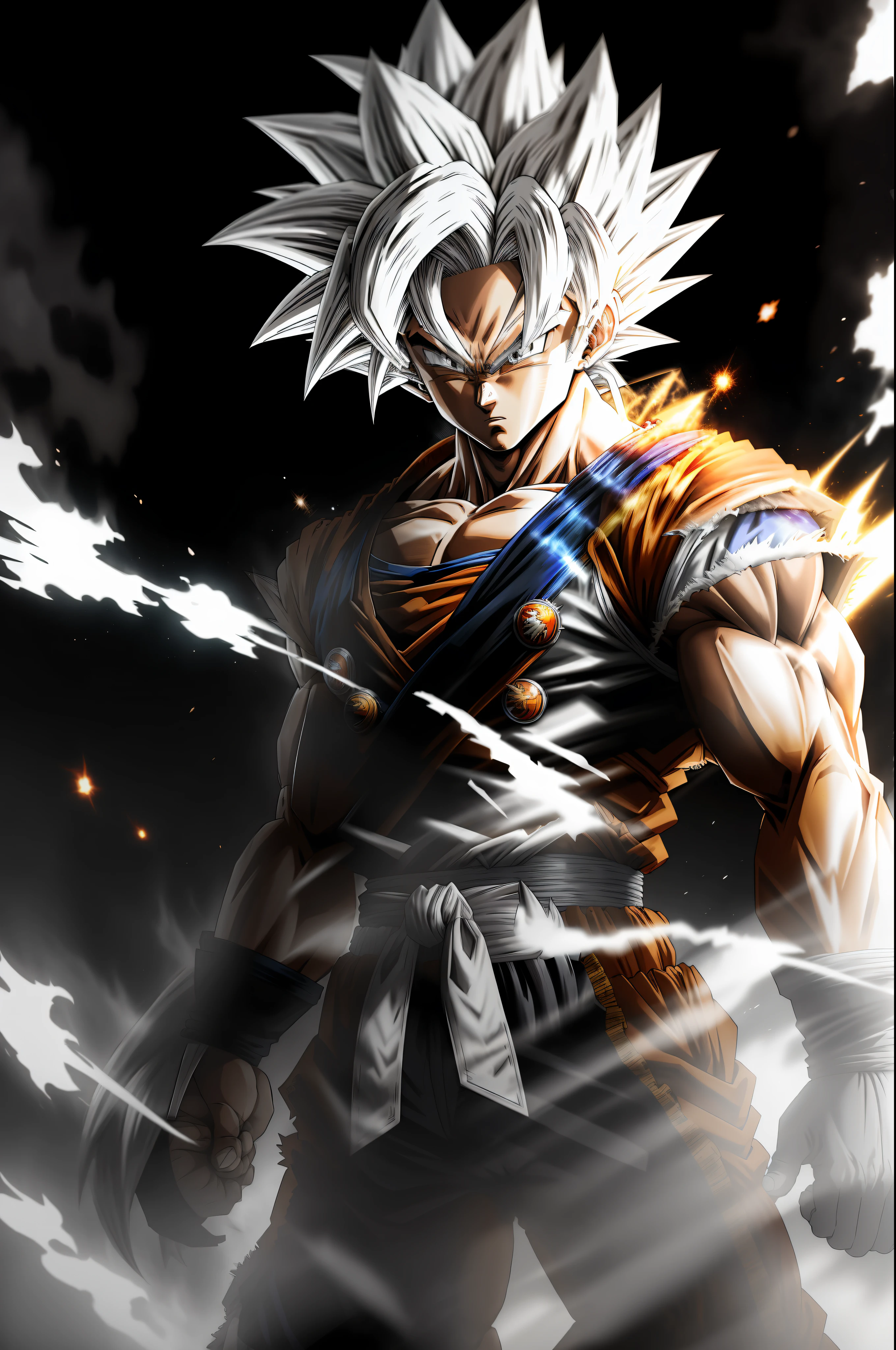 Masterpiece, best quality, Goku, Super Saiyan, silver-white hair