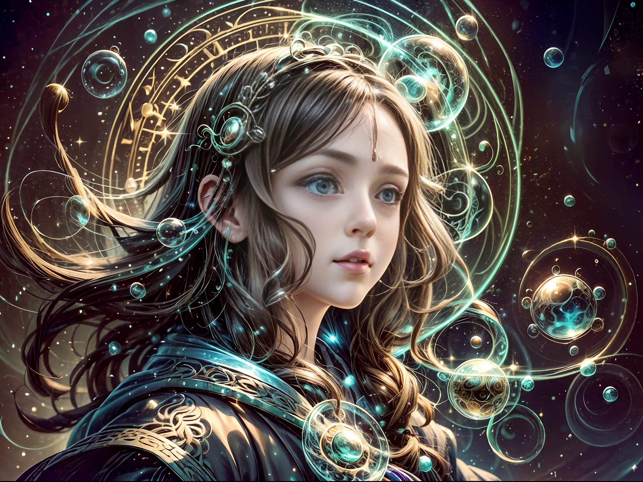 (1girl), dark brown eyes, chestnut hair, mutton chops, (style-swirlmagic:0.8), portrait, half shot, looking down, detailed background, detailed face, (ChronomancyAI, chronomancy theme:1.1), bubble-wizard, orange sorcerer robes, surrounded by light green bubbles, rainbow, floating orbs, large bubbles, floating sparkling particles, transclucent, glowing bubbles, swirling bubbles, graceful, bubbles in background, intricate patterns, starry sky, magical atmosphere,