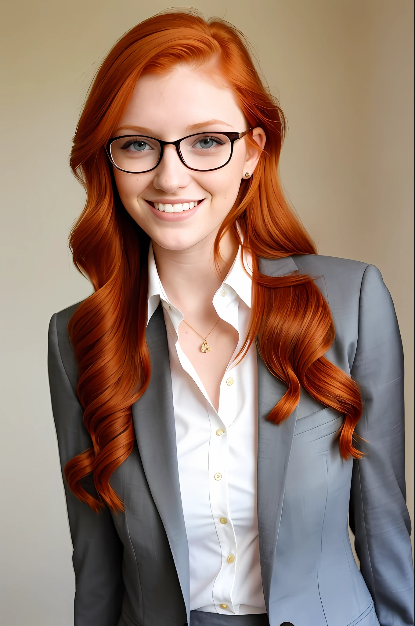(20 year old woman, ginger hair, slim american woman, glasses, ladies suit