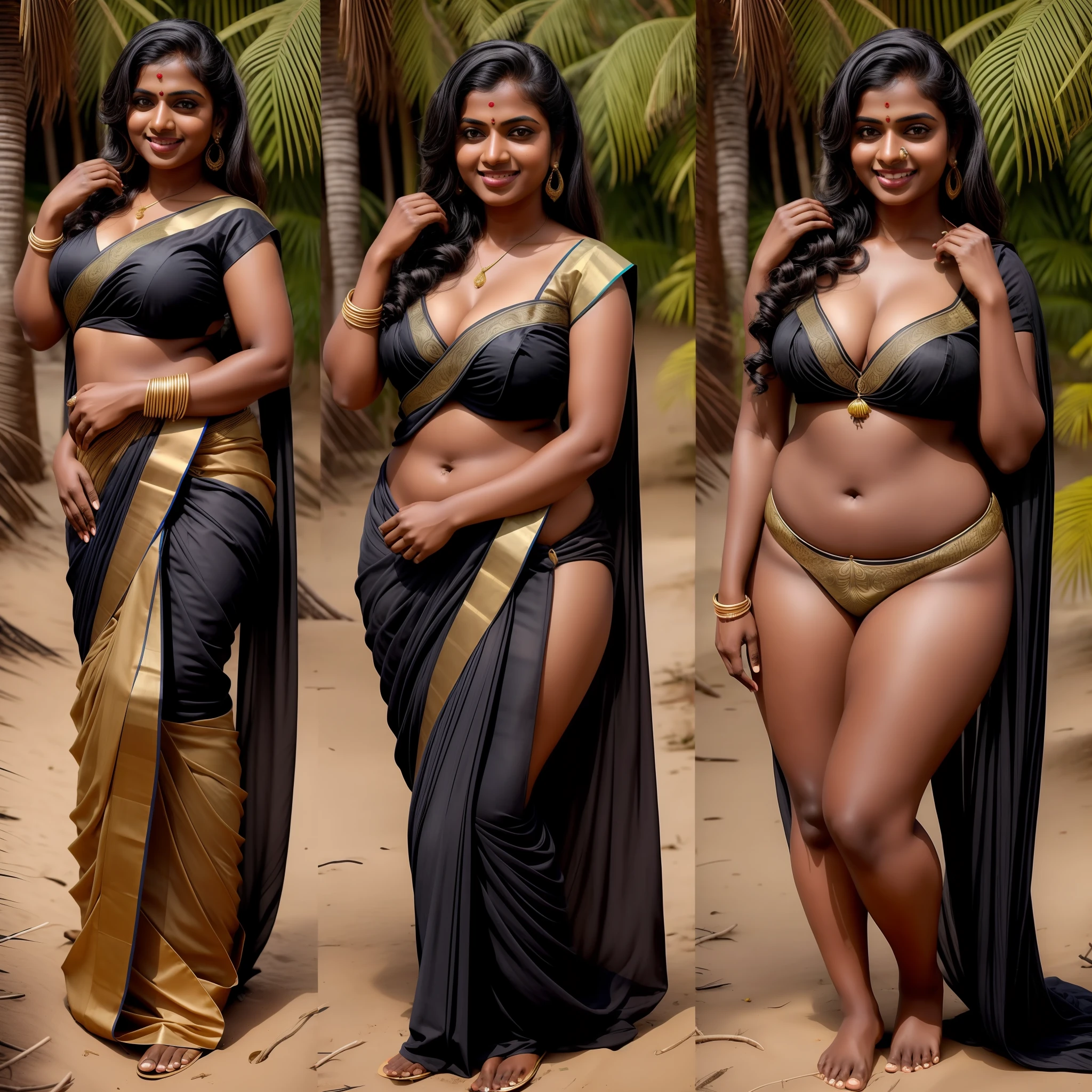 Side by side photo of a mallu woman in saree ,(island:1.3),  outdoors, dark skin,tall, seductive, detailed cute face, full lips, hourglass figure, smiling, hyper realistic, clothed, full body shot, visible navel, cleavage, messy black hair, anatomically correct