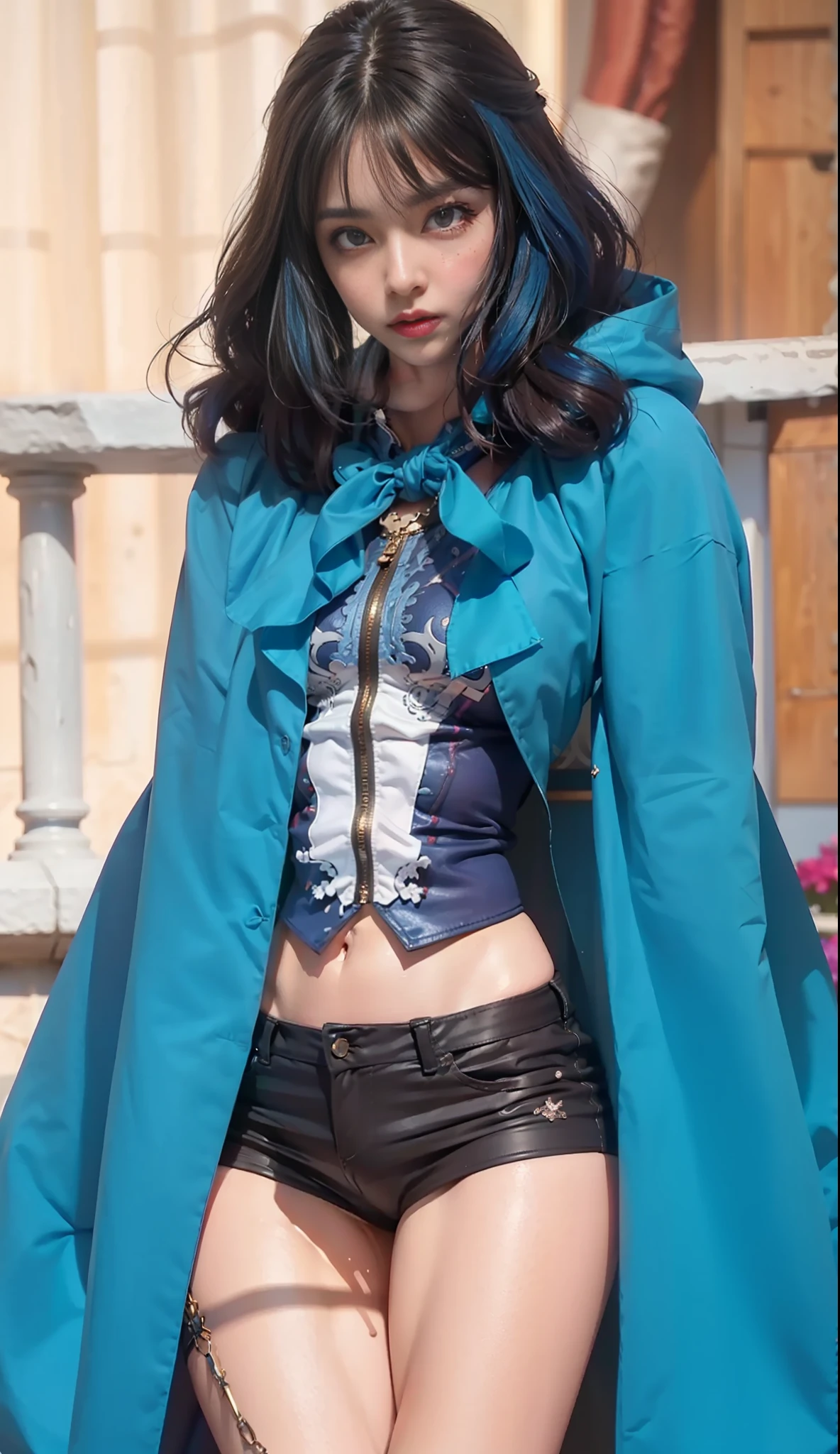 (female:1.2) (bodybuilder:0.8), hyper realistic, masterpiece, photorealistic, real skin, detailed face, detailed skin, detailed lighting, 1girl, (brown eyes), long hair, blue hair , large breasts, sad face, navel, thigh