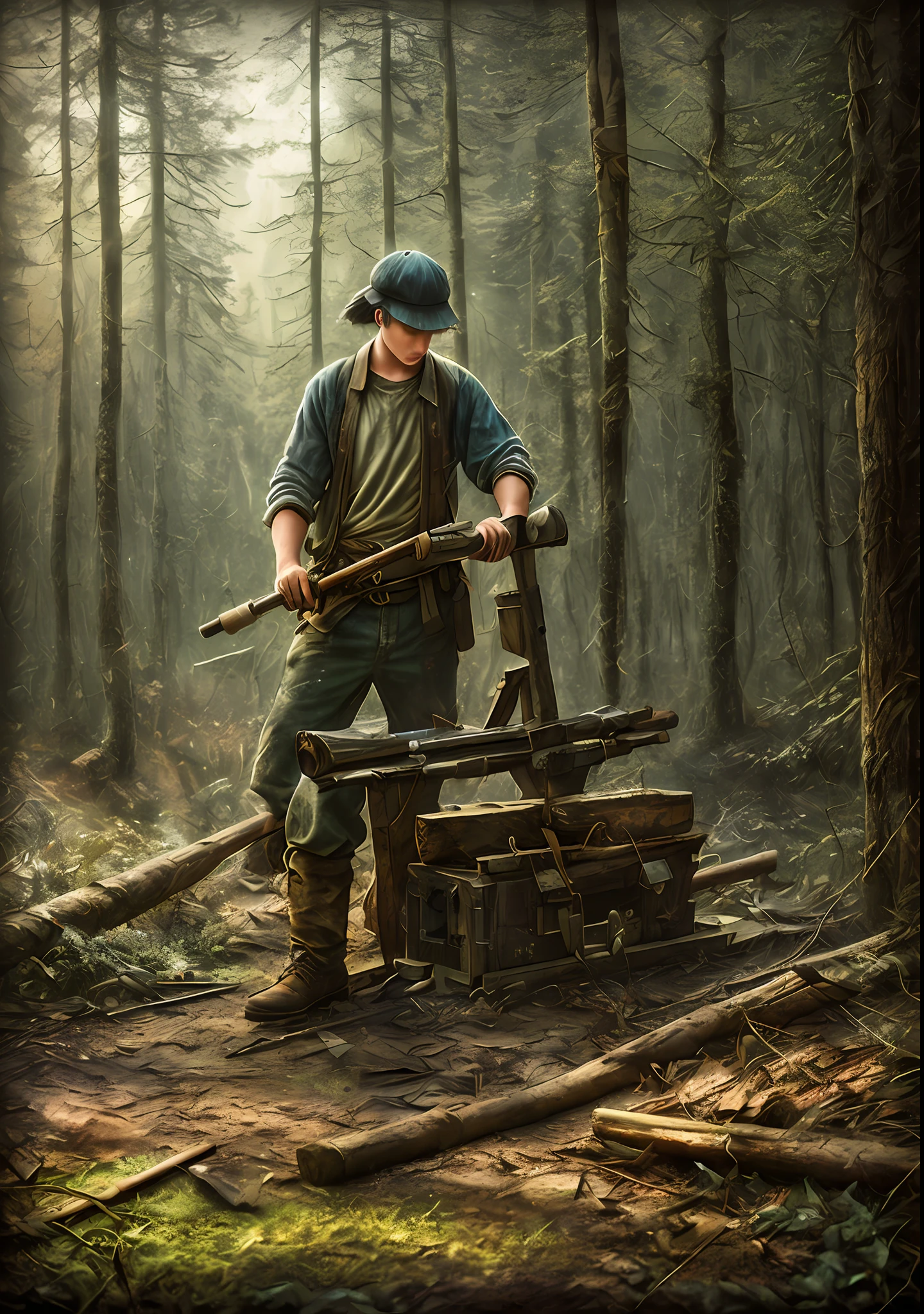 Young woodcutter in the dark forest, sad, realistic epic, photo, faded, complex things around, intricate background, soaked, neutral colors, (((((hdr)))), ((((soft colors)))), intricate scene, artistic station, intricate details, vignette