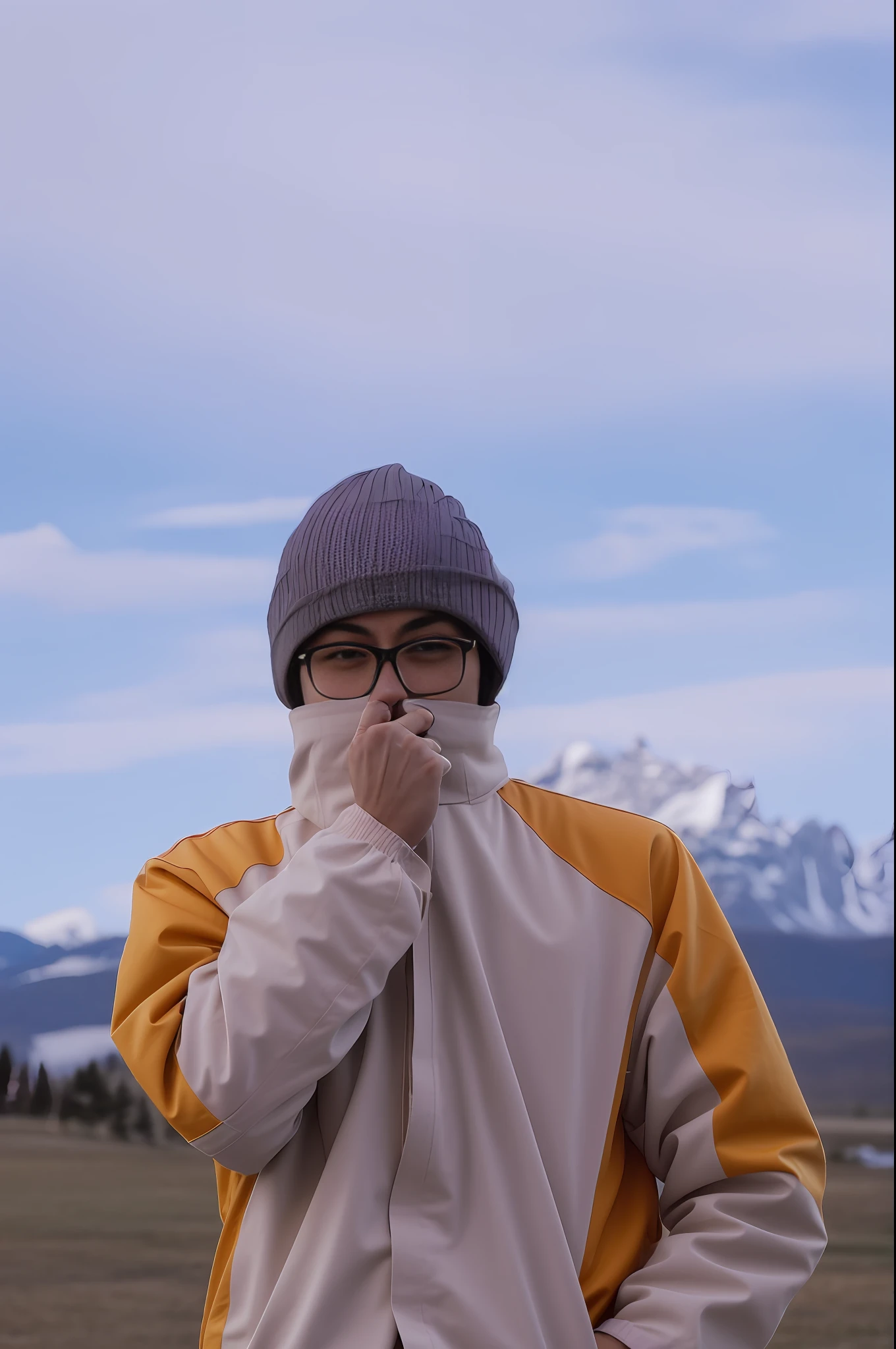 Asian man in hat and glasses covering his face with scarf, big eyes, standing in front of a mountain with mountains in the background, mountains and blue sky in the background, portrait shot 8 K, cold, mountains in the background, medium portrait, cold as ice! 🧊 , a chilly, Wyoming with Mutan, Loepfe, in the background, still from the music video