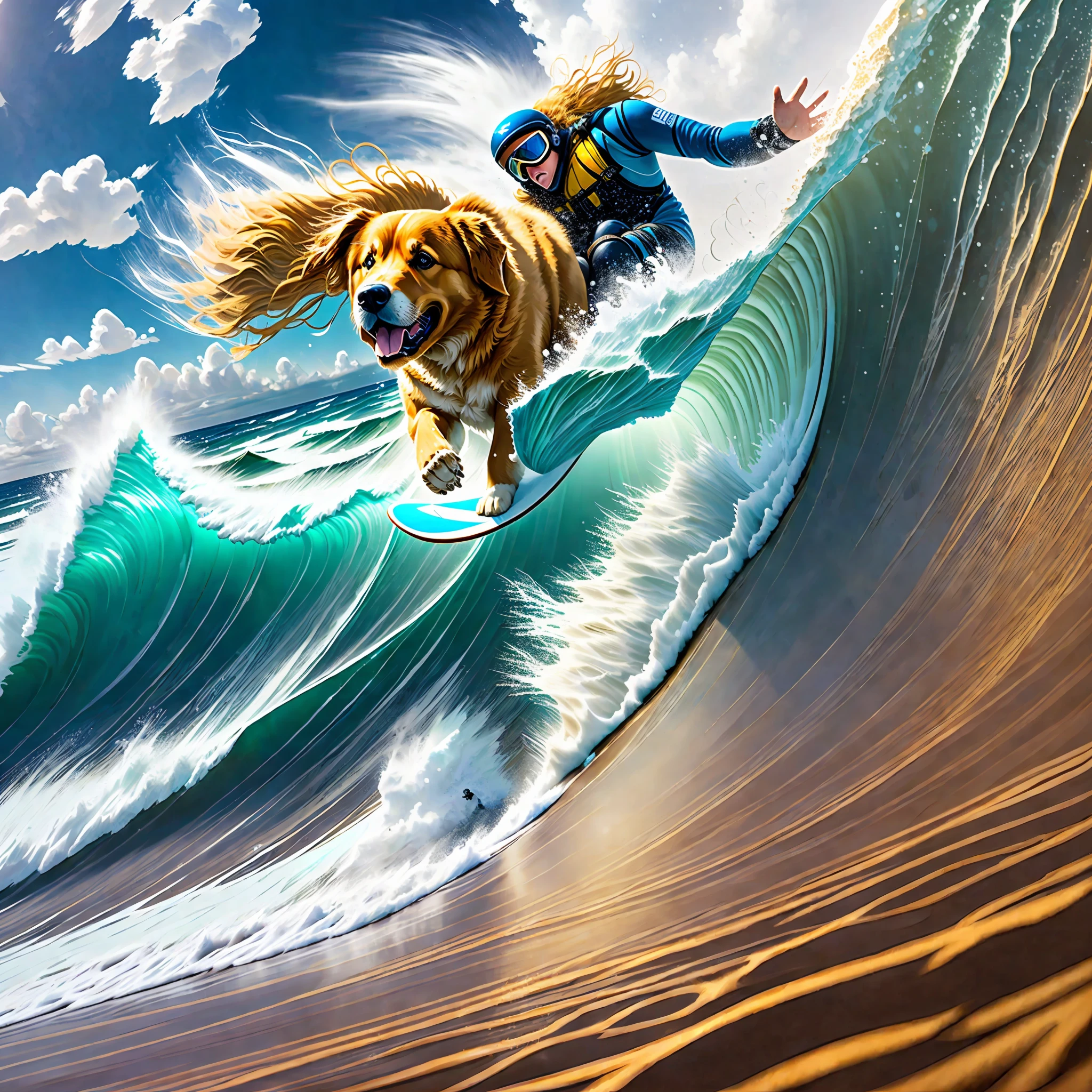 Extreme sports photography, surfing, is sliding along huge waves, thrilling tension, selfie medium shot, half body shot, golden retriever dog, golden retriever, sea, waves, ocean, foam in background, high texture, realistic effect --auto --s2