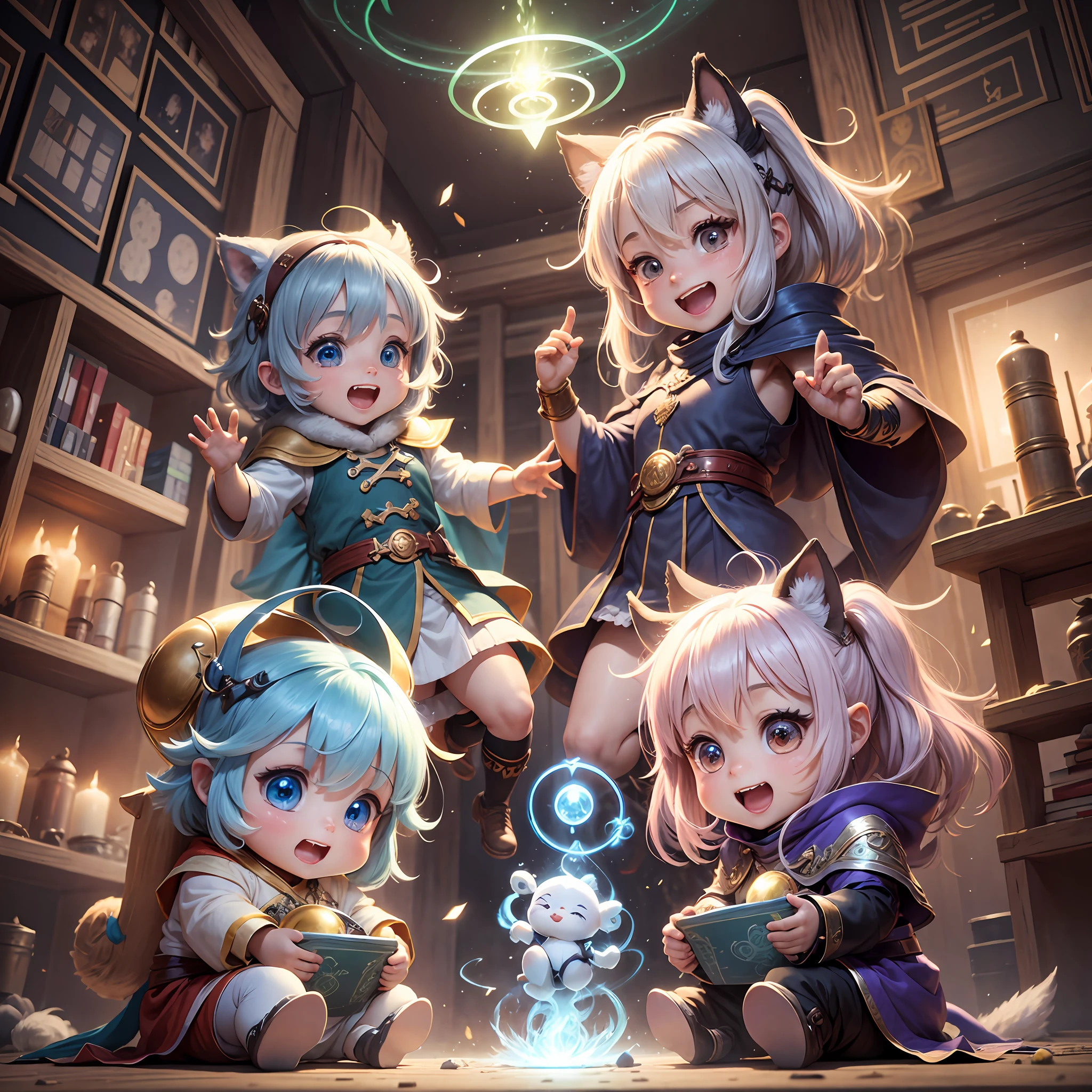 Chibi, Wizard, Magic Training, Light, Unreasonable, Halo, Laughing, Playing, Bouncing, Friends, Forest