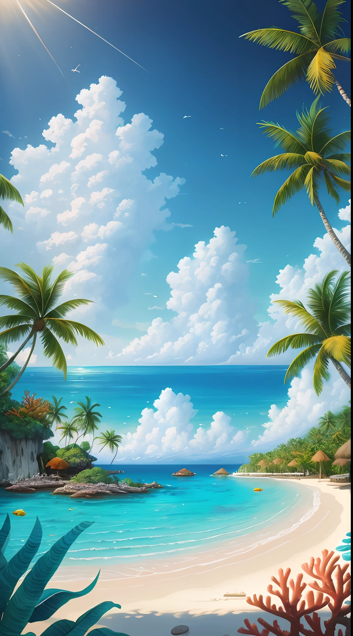 ocean, coral reef, coconut tree, amazing wallpaper, magnificent background, surrealism 8k, beautiful art UHD 8k, wallpaper 8k, wallpaper 8k, 8k hd illustration wallpaper, beautiful wallpaper, 8k wallpaper, 8k wallpaper, epic surrealism 8k oil painting, highly detailed surreal visual effects