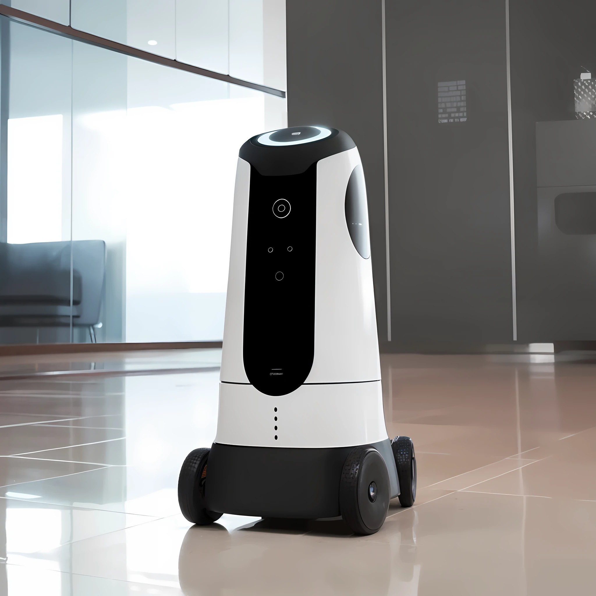 There is a robot sitting on the floor of the room, safety robot delivery, sleek robot, diaper handling robot, service robot, reconnaissance police robot, face robot, concept robot, friendly robot, friendly humanoid cyber robot, view robot-centric, robot lurking in background, humanoid robot, friendly humanoid robot, front picture