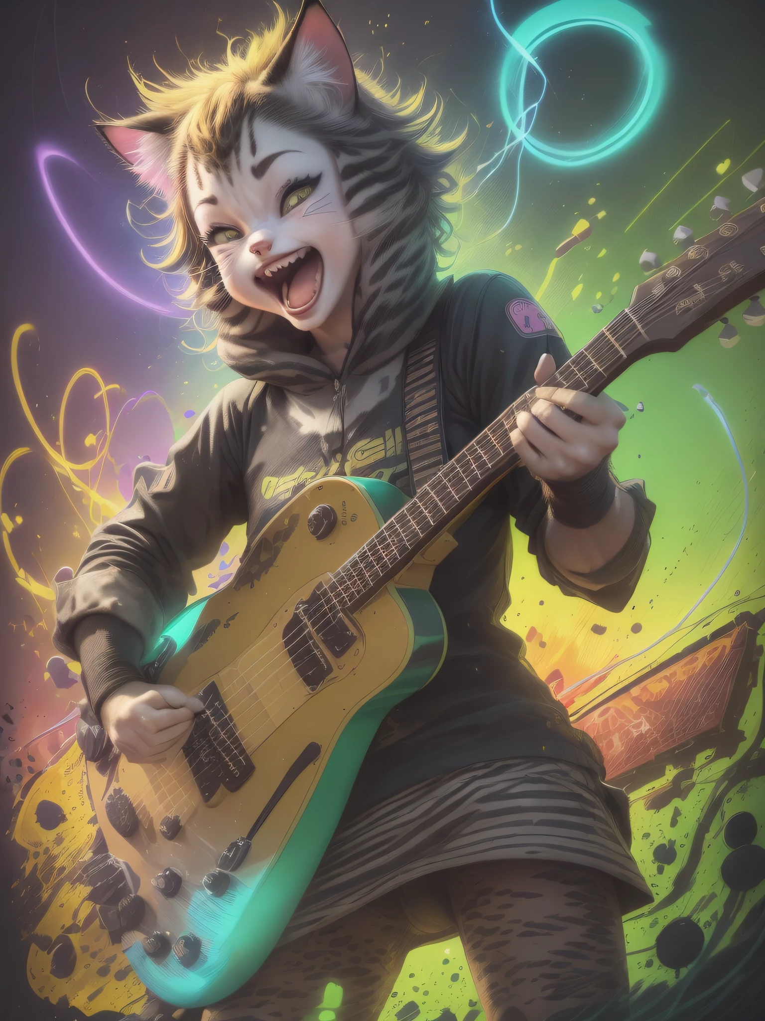 (a funny cat+caricature:1.3),(playing guitar+musical instrument handling:1.3),(lit up with neon+high saturation^0.7:1.2),(place full of energy+full of joy:1.5),(explosion-shaped colored background+high lights+colored lines:1.2) --auto --s2