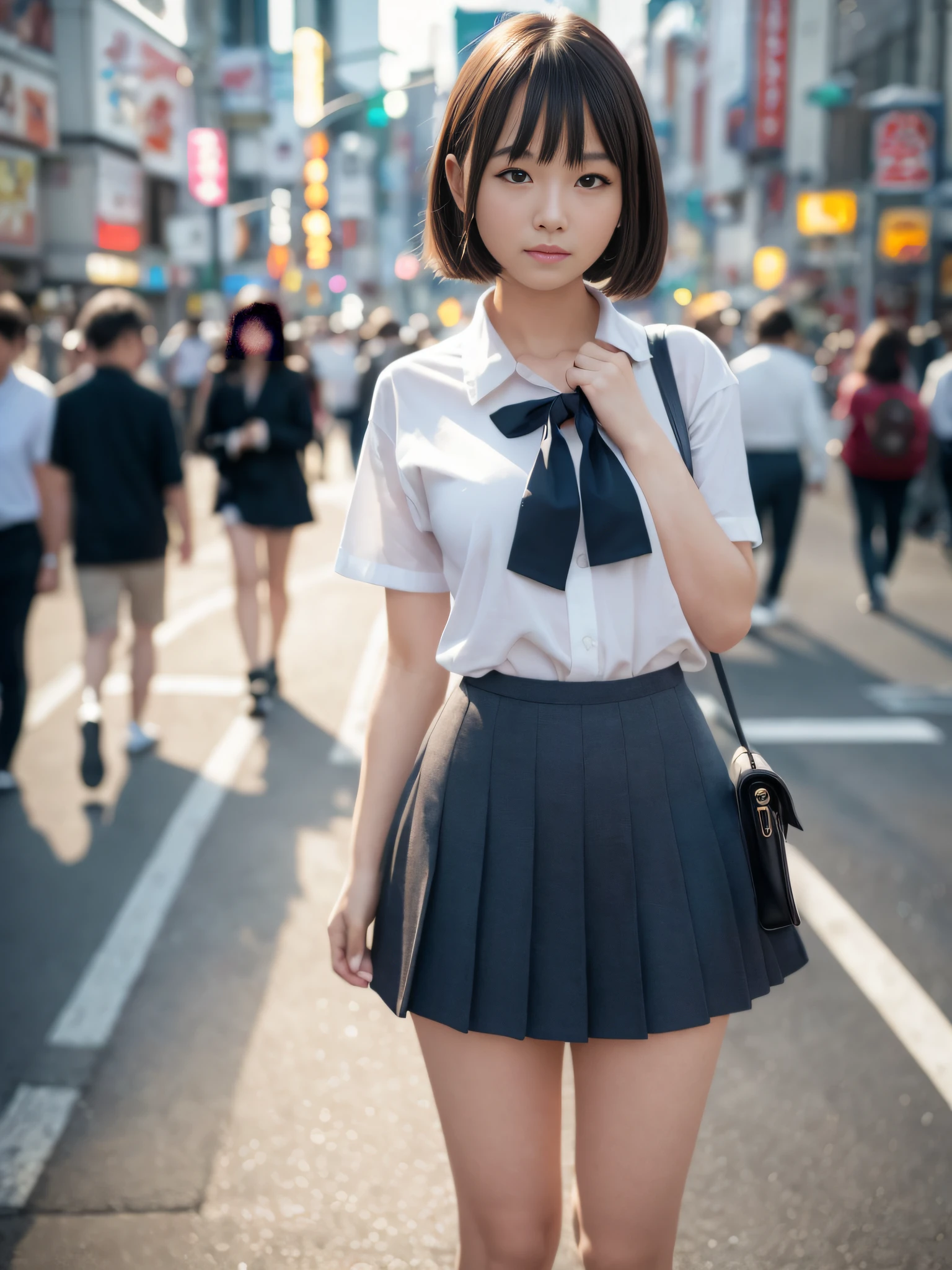 Ultra top quality, masterpiece, ultra high resolution, (photorealistic: 1.4), highly detailed CG Unity 8k wallpaper, detailed and complex, original, high resolution, raw photo, (perfect body shape), fine and complex, DSLR, soft lighting, high quality, film grain, depth of field, FUJIFILM XT3, 50mm lens, backlight, HDR, hyperreal, color grade, dynamic pose, portrait, Japan person, smile, lips, bangs, (crowded akihabara: 1.2), front view viewer, natural light, girl, 20 years old, full body, solo, student, high school, uniform, sailor color, bobby socks, pleated skirt, daytime, on the street, deep shadow, cute, beauty, discreet, cold light 12000K\\ street, store status, Akihabara, Shinjuku, Shibuya, Ikebukuro, detailed realistic, detail, skin texture, ultra detailed, realistic skin texture, (dramatic, award-winning photos, incredible masterpieces: 1.3)