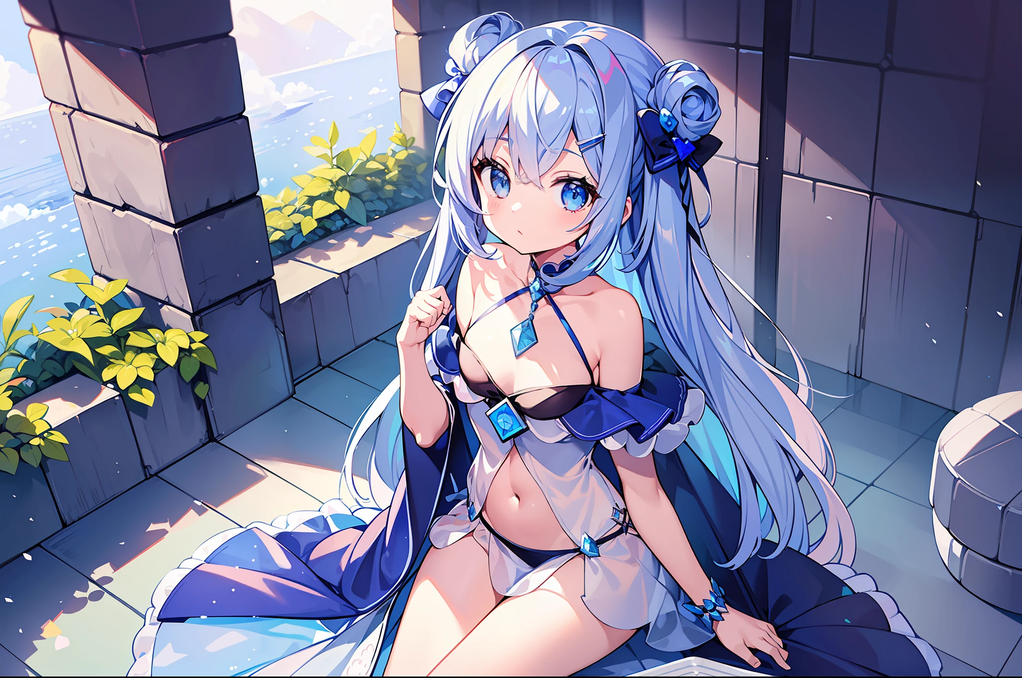 (MASTERPIECE), (Best Quality), (Super Detail), Official Art, One Girl, Lori with Pale Light Blue Hair, Petite Little Girl, Loli, Blue and Silver See-Through Dress, Sleeveless, Off Shoulder, Small, Very Small, Small, Cleavage, Thigh Focus, Navel Out, Lower half of the chest is bare skin, Sitting, Card Illustration, Sacred Well