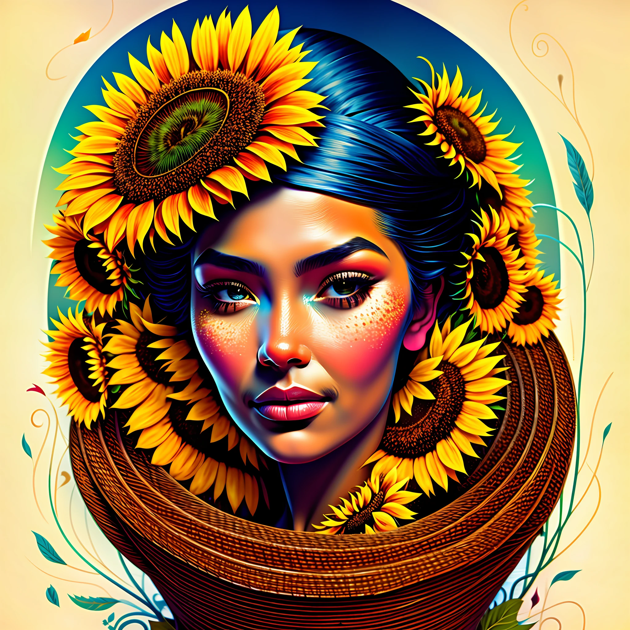 wide angle graffiti of a peasant woman holding a basket from which (thousands of sunflowers) flying and falling from the sky, (((swirl of sunflowers))) emerging from a peasant woman's basket, grotesque, ful body shot, cinematic lighting, high resolution, insane details, intricate details, hyperdetailed intricately detailed ultra realistic art trending on Artstation triadic colors Unreal Engine 5 detailed matte painting, deep color, fantastical, intricate detail, splash screen, complementary colors, fantasy concept art, 8k resolution, ultra realistic deviantart masterpiece, (dark shot:0.9), soft cinematic light, adobe lightroom, photolab, hdr, intricate, highly detailed, eonn2, mdjrny-grfft, dmmid style