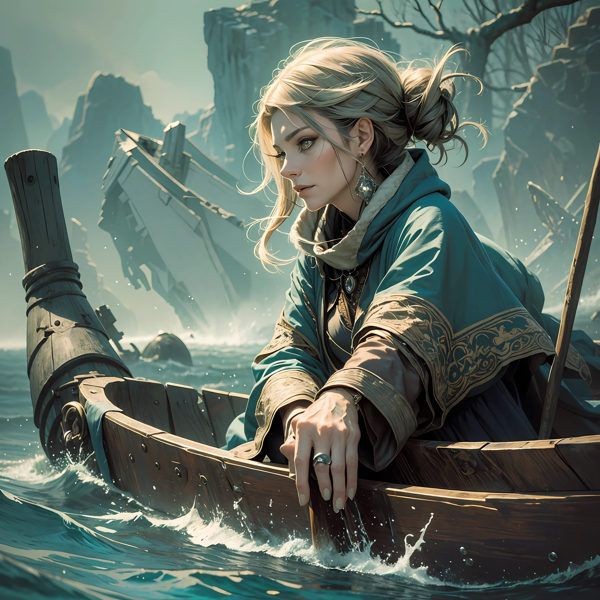 Fairy-tale character, a hybrid of a witch and a trol, Solo, a portrait of a middle-aged woman, + an old raft is wound on her head, + an old raft, dressed in an old raincoat, + an old cloak, detailed 1: 7, large physique, + a powerful nose with a hump, + a powerful chin, + tufts of hair, a woman of 60 years old --auto --s2
