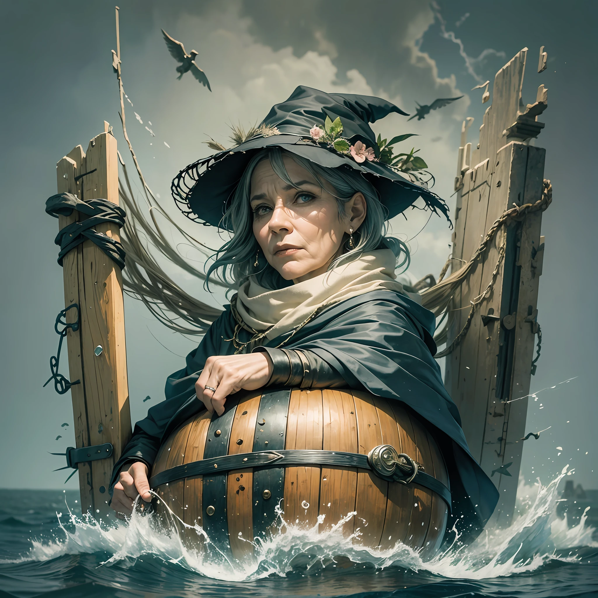 Fairy-tale character, a hybrid of a witch and a trol, Solo, a portrait of a middle-aged woman, + an old raft is wound on her head, + an old raft, dressed in an old raincoat, + an old cloak, detailed 1: 7, large physique, + a powerful nose with a hump, + a powerful chin, + tufts of hair, a woman of 60 years old --auto --s2