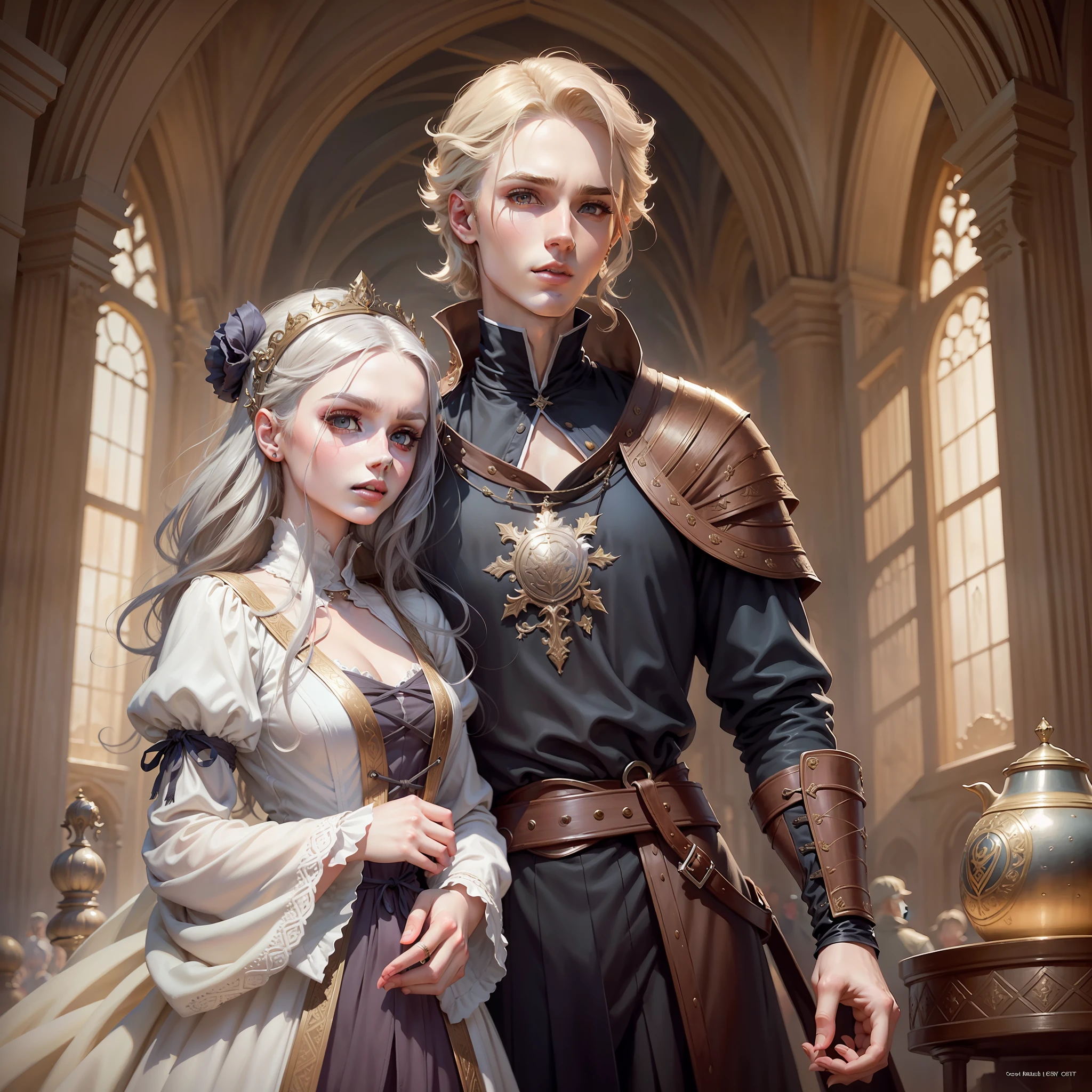 There's a Neels Visser and a Lily Collins dressed in medieval clothes together, Edmund Blair and Charlie Bowater, Charlie Bowater and Tom Bagshaw, Charlie Bowater and Artgeem, Charlie Bowater style, Charlie Bowater and Mark Brooks style, romantic storybook fantasy, Charlie Bowater art style, novel cover