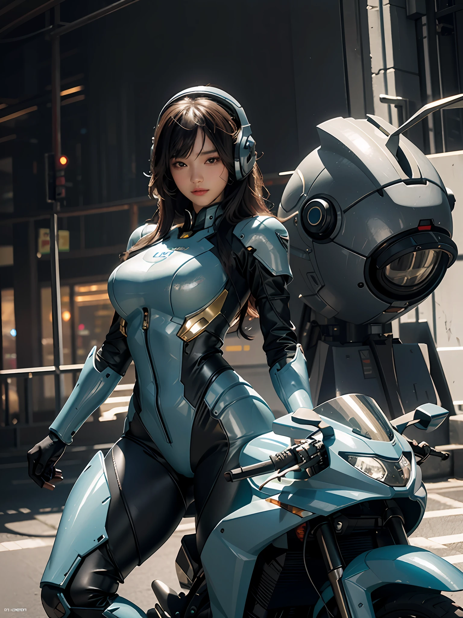 Highest image quality, outstanding details, super high resolution, (fidelity: 1.4), the best illustration, favor details, highly cohesive, 1girl, with a delicate and beautiful face, plump ?????, ???? body, dressed in a gorgeous mecha, wearing a mecha helmet, holding a direction controller, riding on a motorcycle, the background is a high-tech lighting scene of the future city.